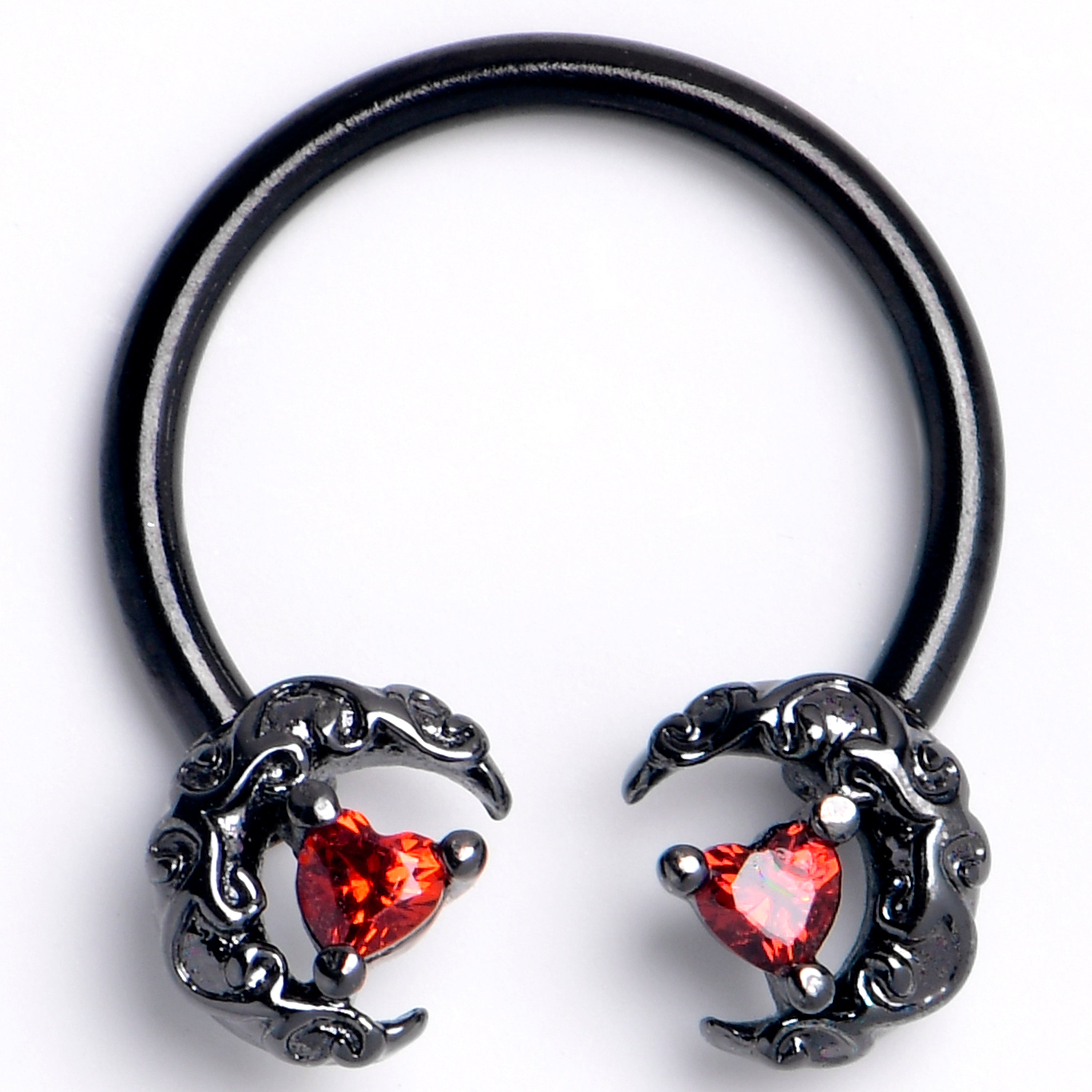 16G 3/8 Red CZ Gem Black Scrolling Moon Heart Horseshoe Barbell