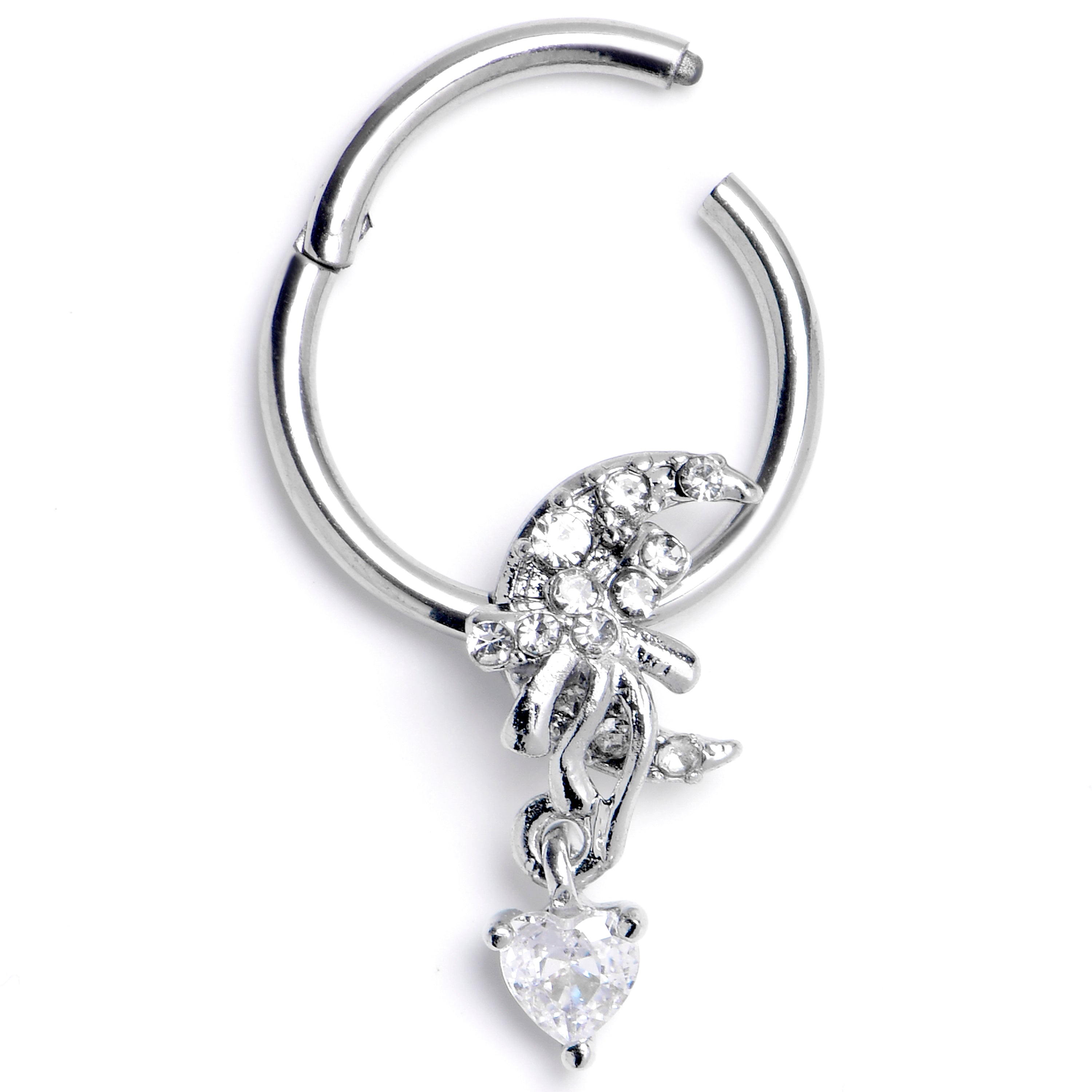 16G Clear CZ Gem Moon Bow Heart Dangle Hinged Segment Ring