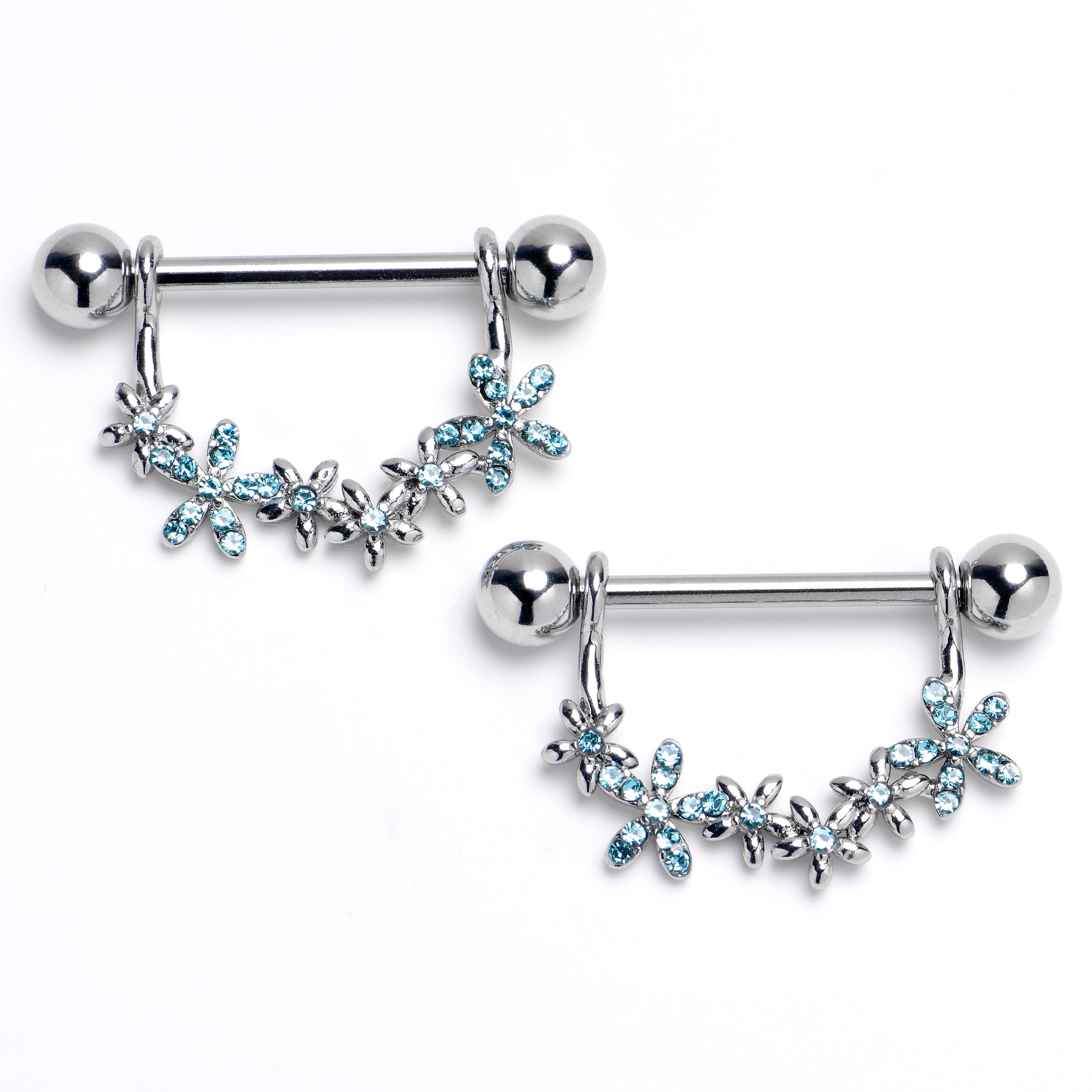 14G 9/16 Blue CZ Gem Flower Chain Dangle Nipple Ring Set