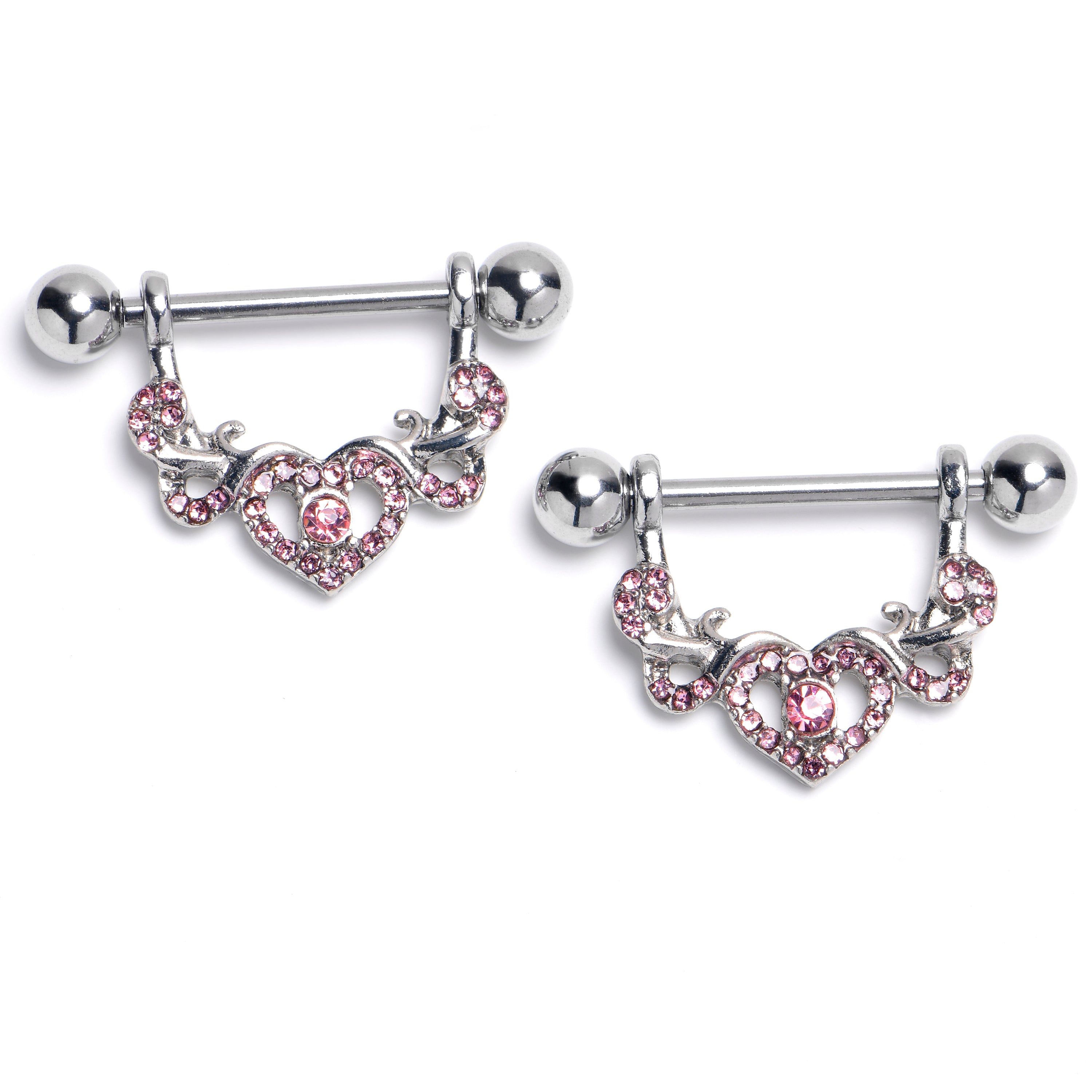 14G 9/16 Pink CZ Gem Ornate Hearts Dangle Nipple Ring Set