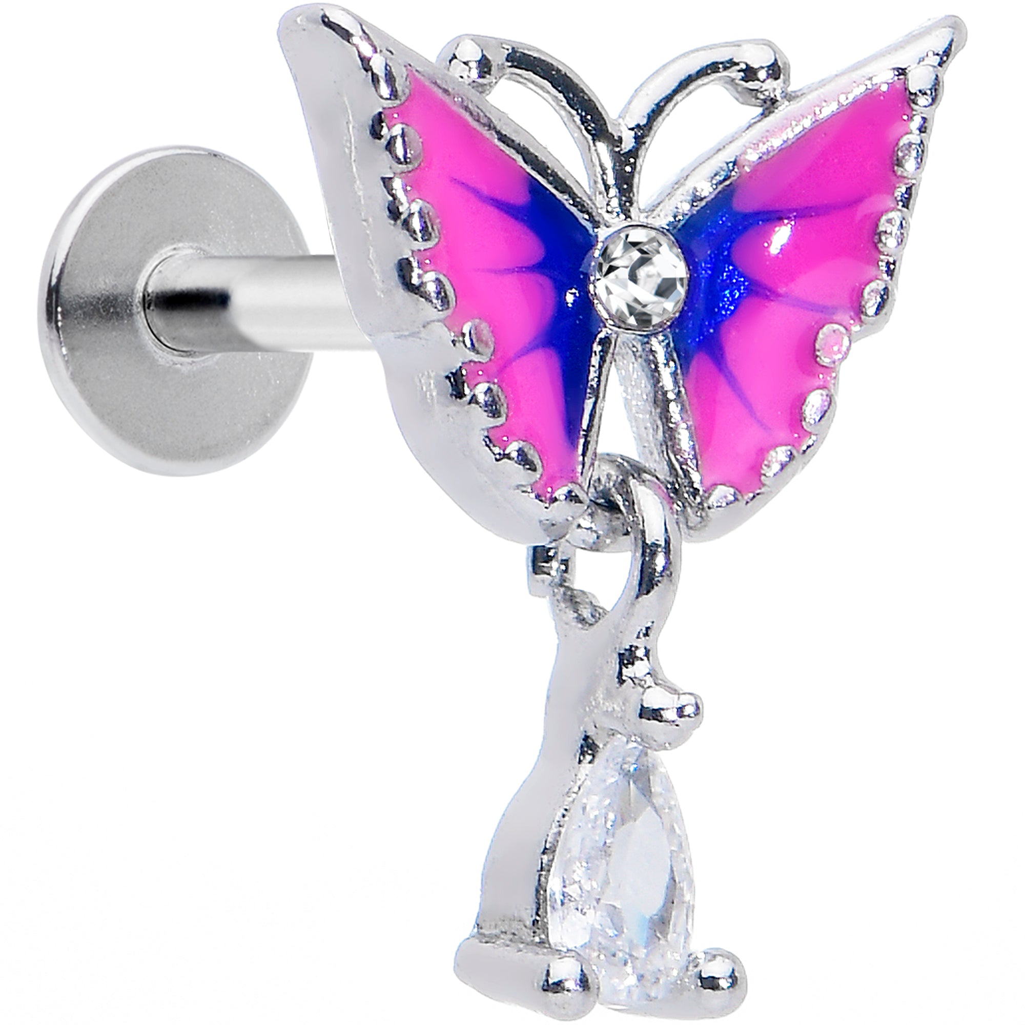 16G 5/16 Clear Gem Butterfly Pink Dangle Labret Monroe Tragus