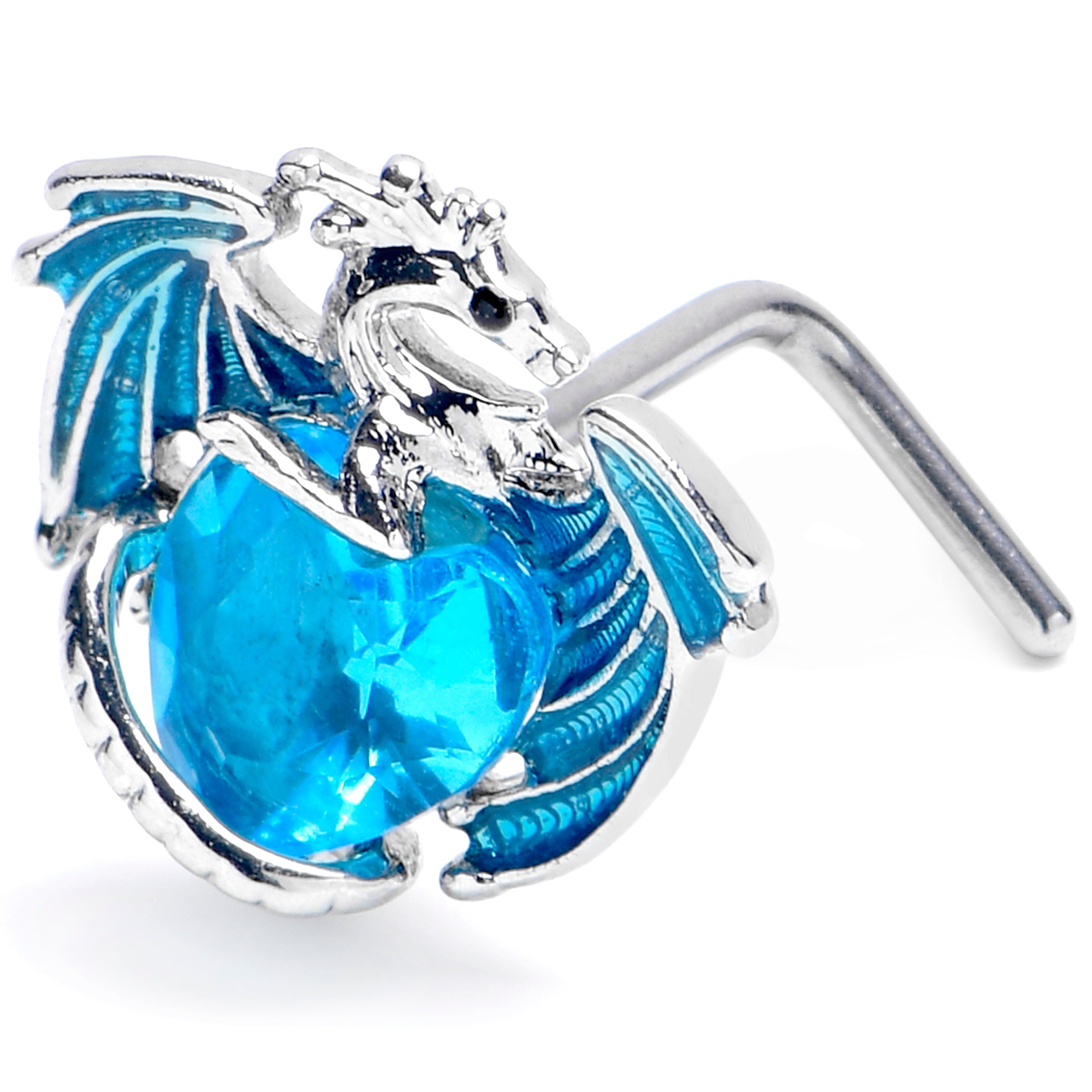 20G 7mm Blue CZ Gem Heart of Dragon L Shape Nose Ring