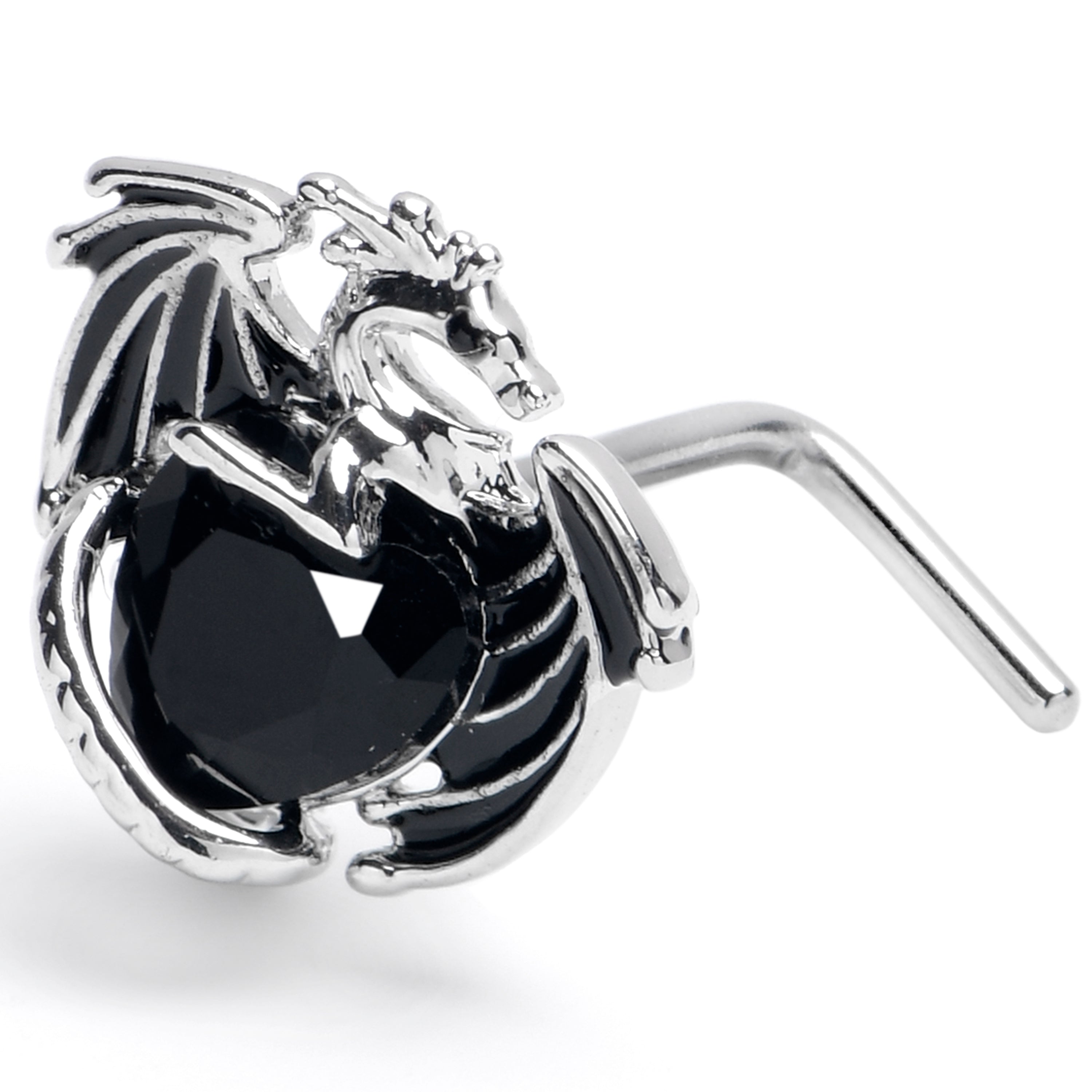 20G 7mm Black CZ Gem Heart of Dragon L Shape Nose Ring