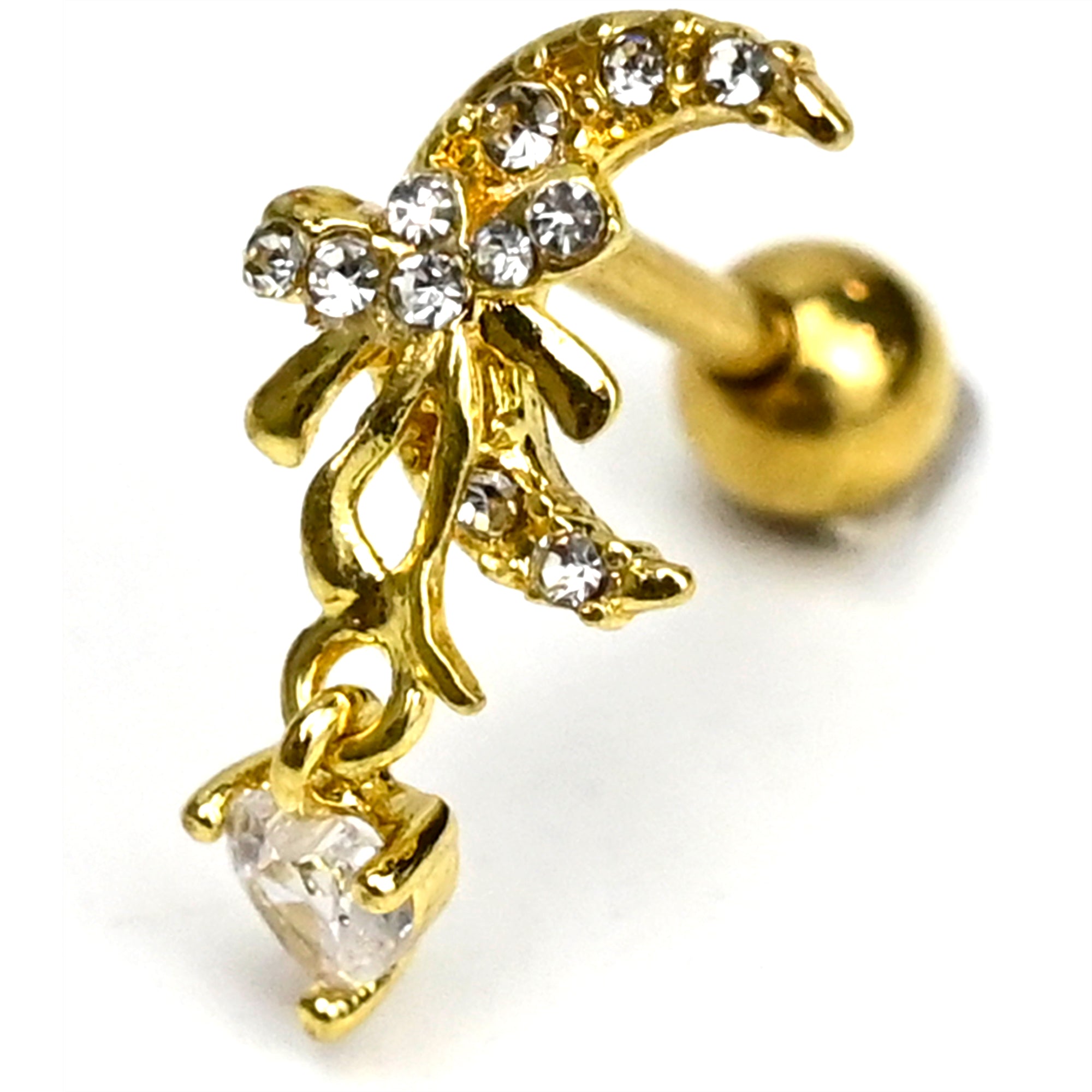 16G 1/4 Clear Gem Gold Hue Moon Bow Heart Dangle Cartilage Earring