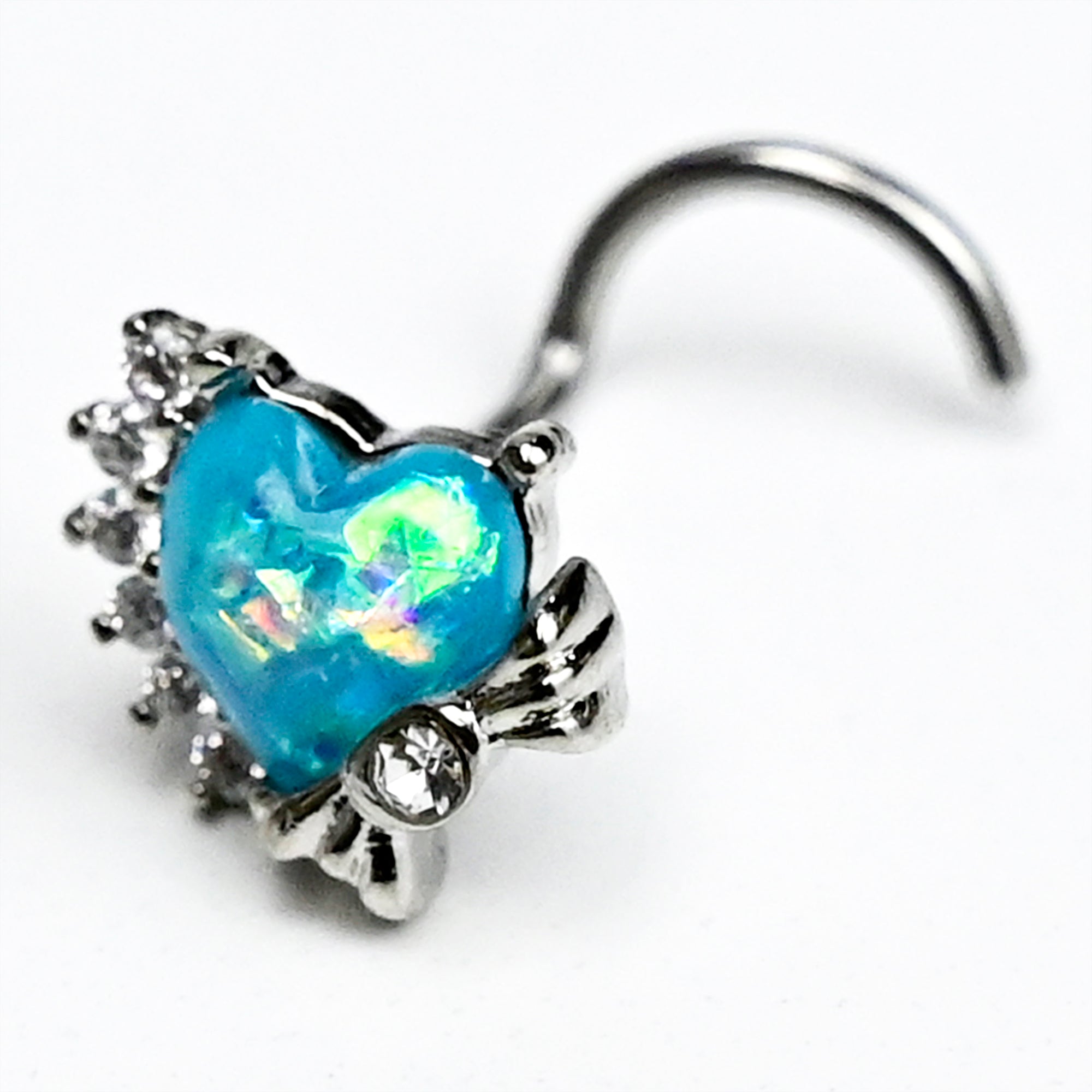 20G 7mm Blue Faux Opal Sunny Heart Left Side Nose Screw