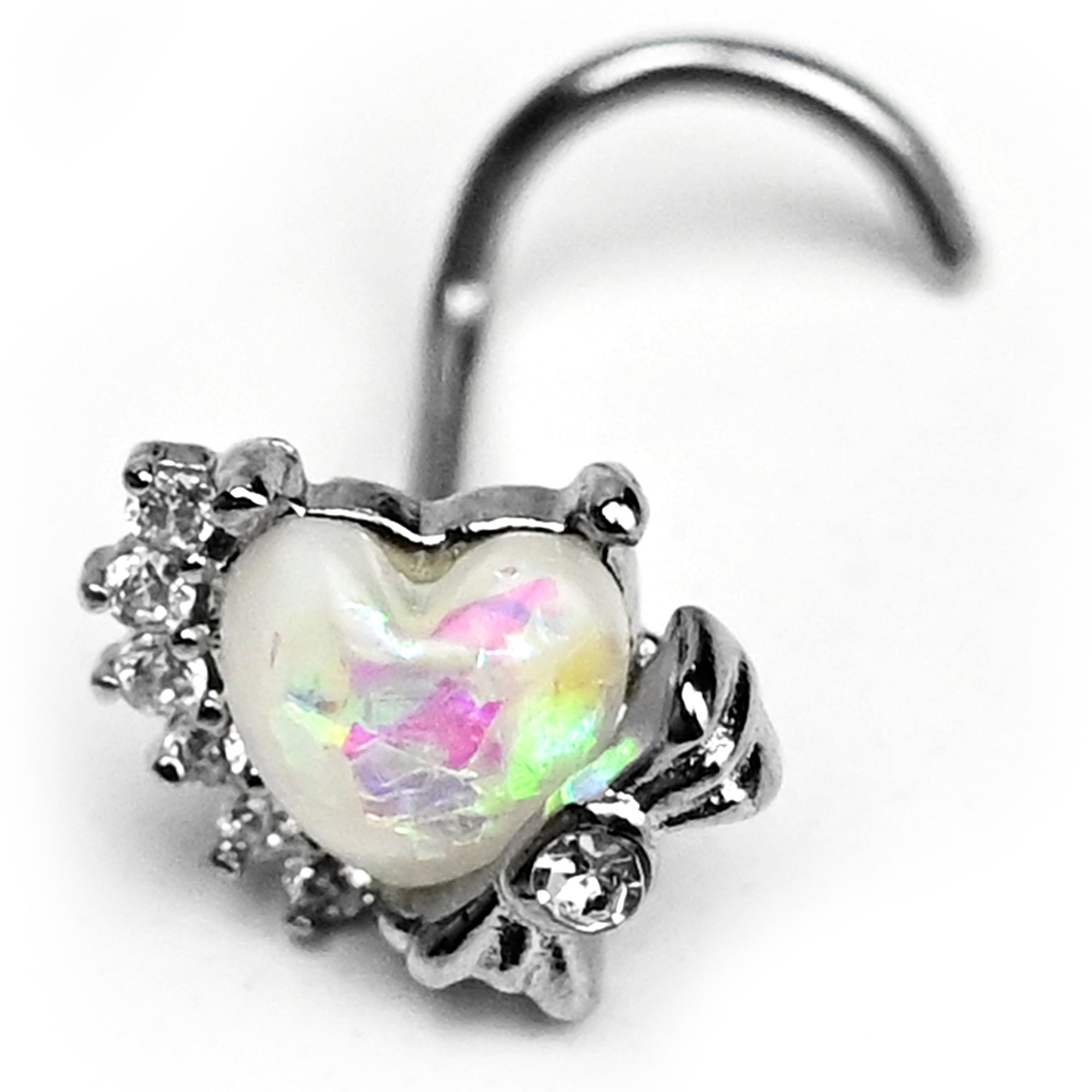 20G 7mm White Faux Opal Sunny Heart Left Side Nose Screw