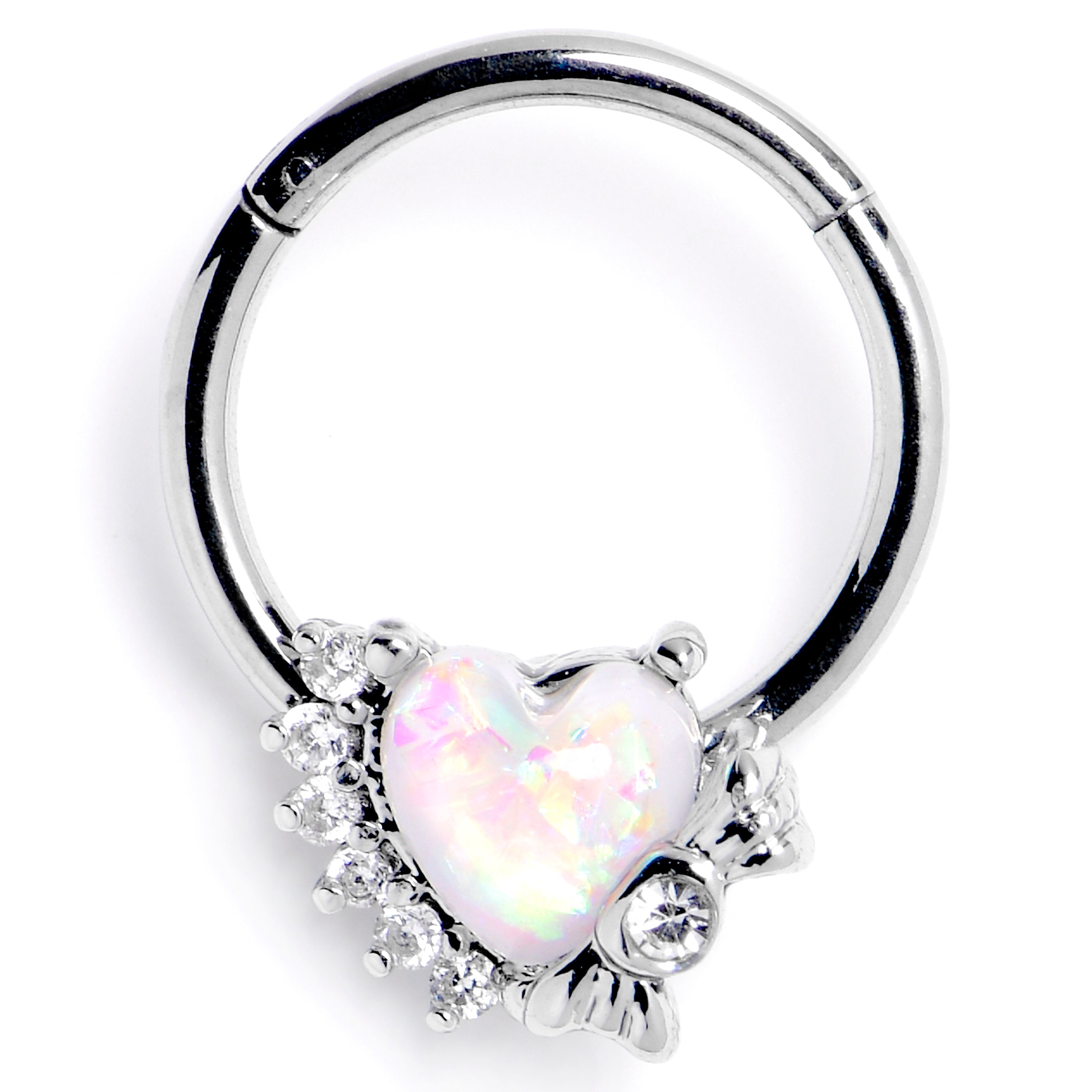 16G 3/8 White Faux Opal Sunny Heart Hinged Segment Ring