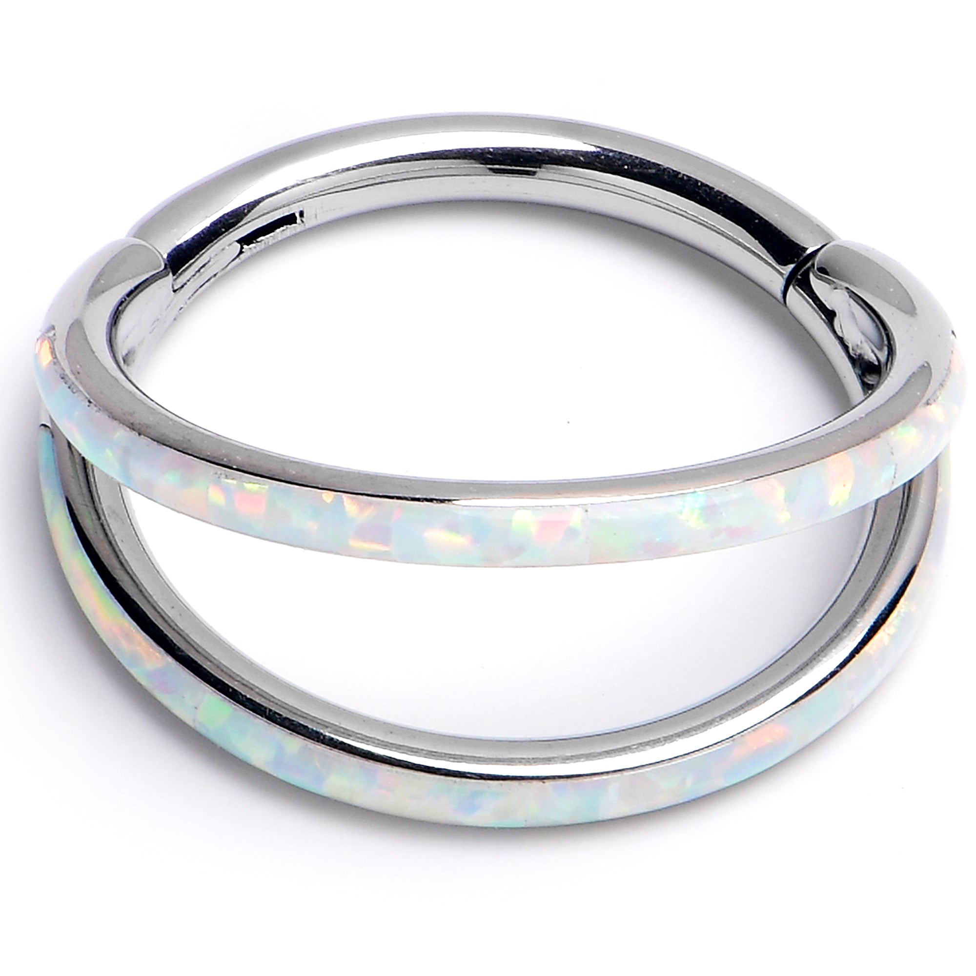 16G 3/8 White Synthetic Opal ASTM F-136 Implant Grade Titanium Double Hinged Segment Ring