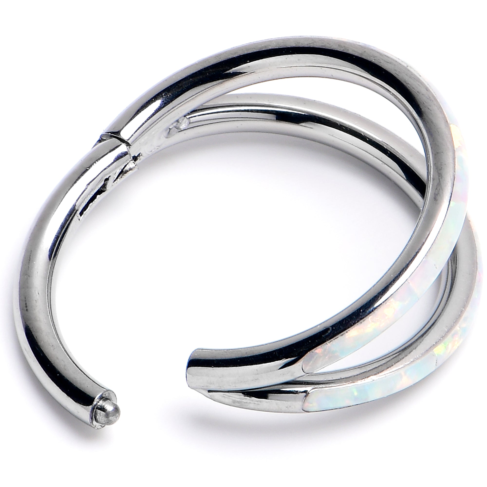 16G 3/8 White Synthetic Opal ASTM F-136 Implant Grade Titanium Double Hinged Segment Ring