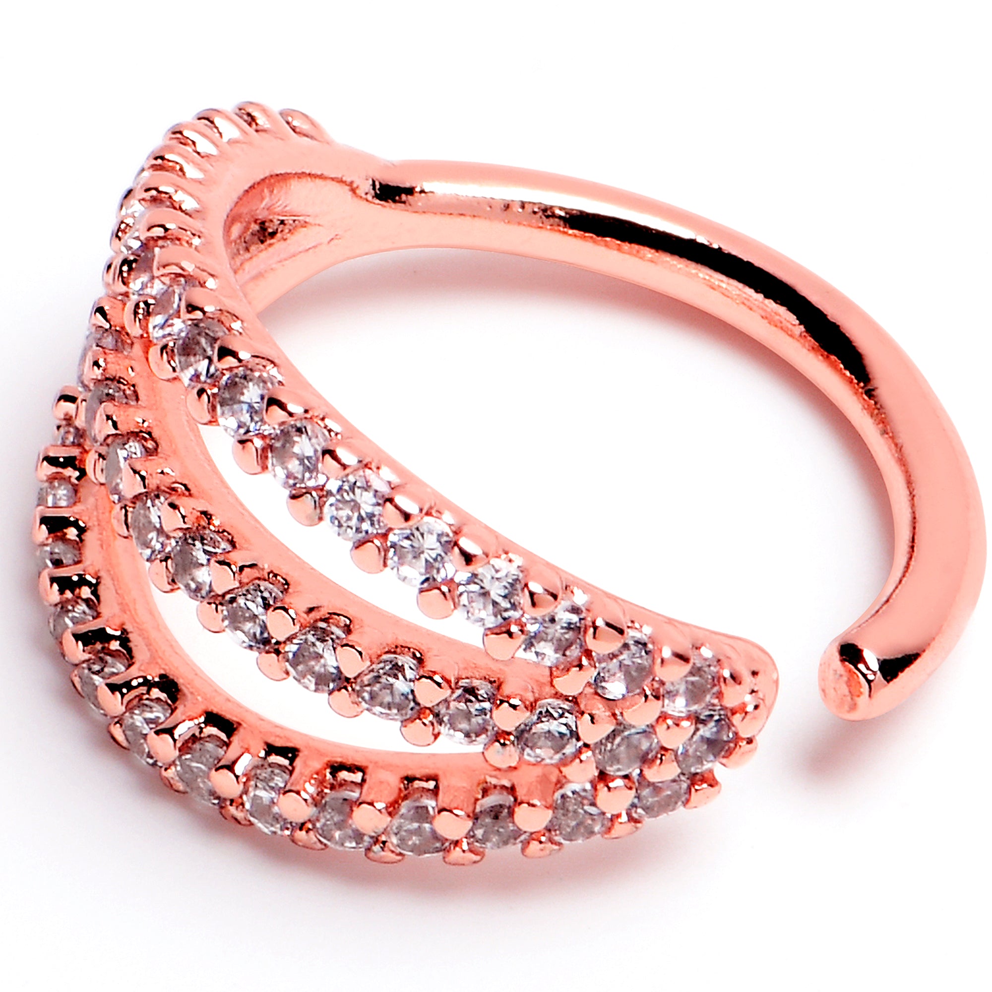 16G 3/8 Clear CZ Gem Rose Gold Tone Faux Triple Hoop Closure Ring