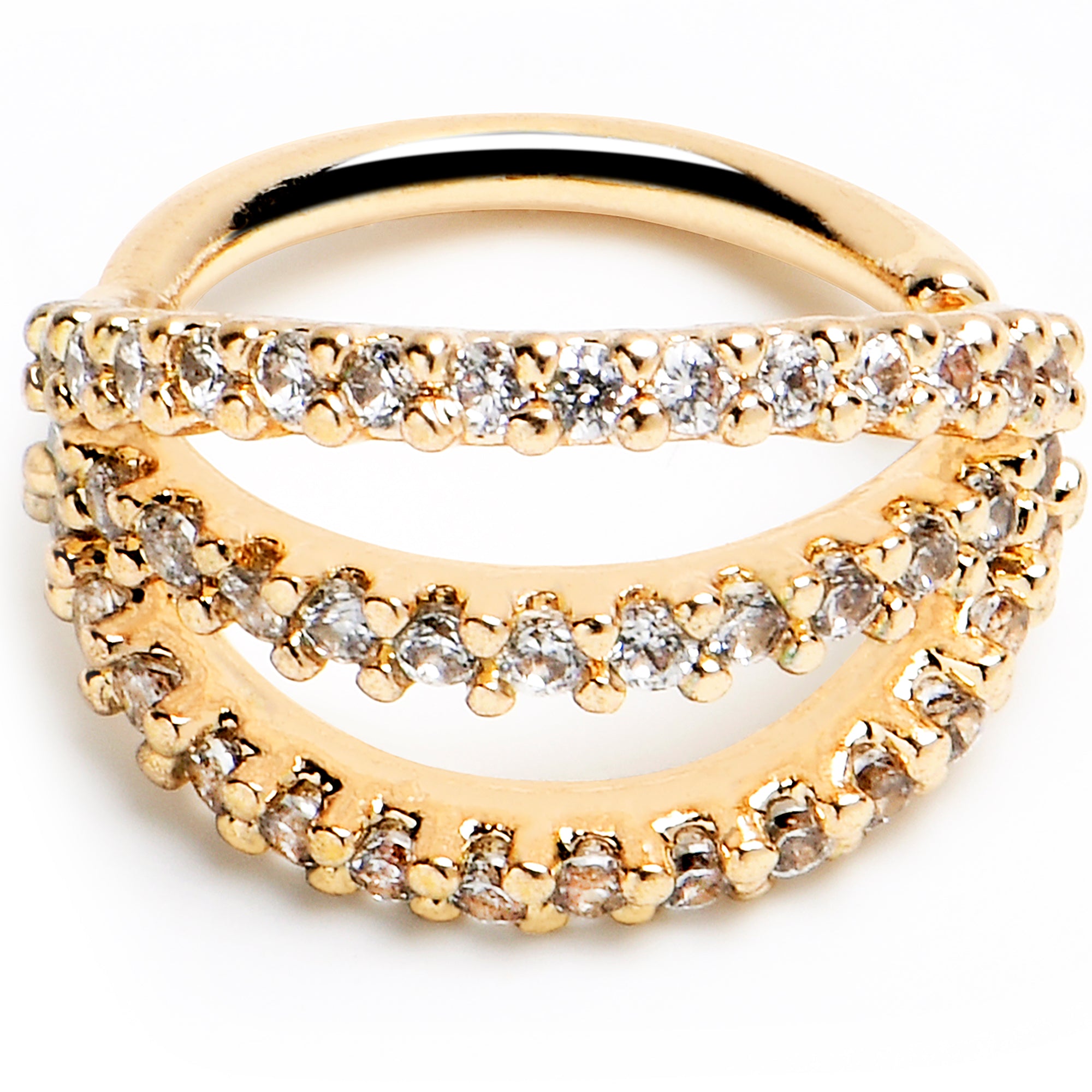 18G 5/16 Clear CZ Gem Gold Tone Faux Triple Hoop Closure Ring