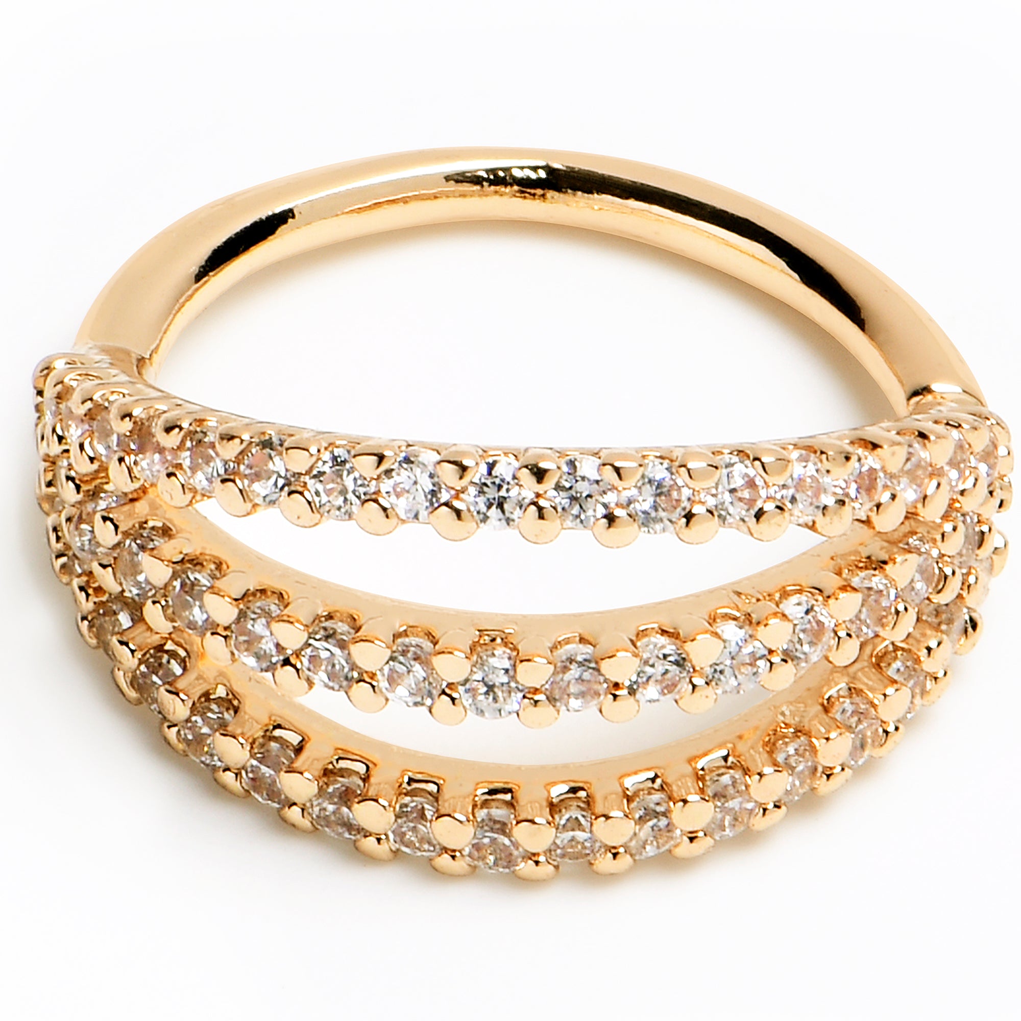 18G 3/8 Clear CZ Gem Gold Tone Faux Triple Hoop Closure Ring