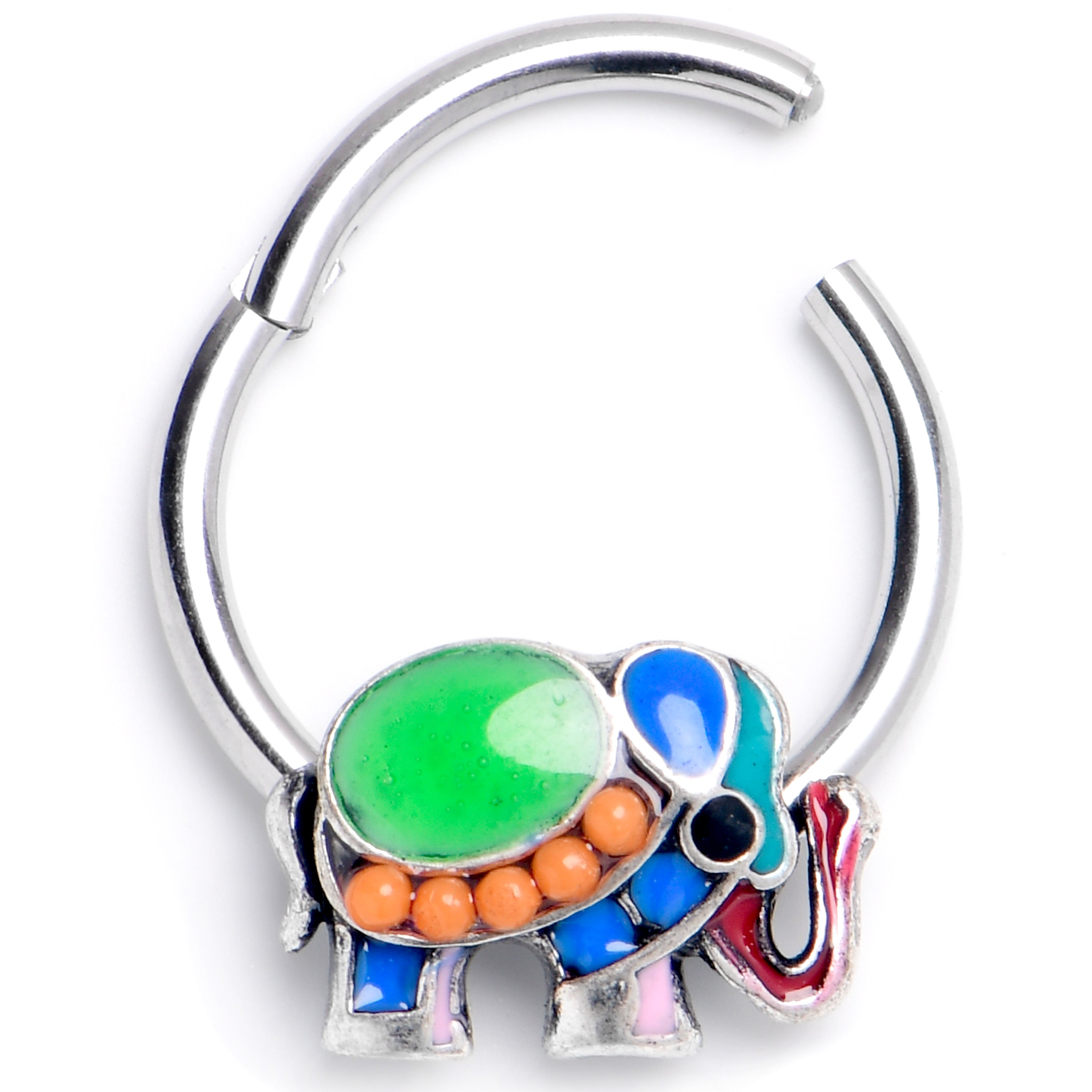 16G 3/8 Green Gem Colorful Elephant Hinged Segment Ring