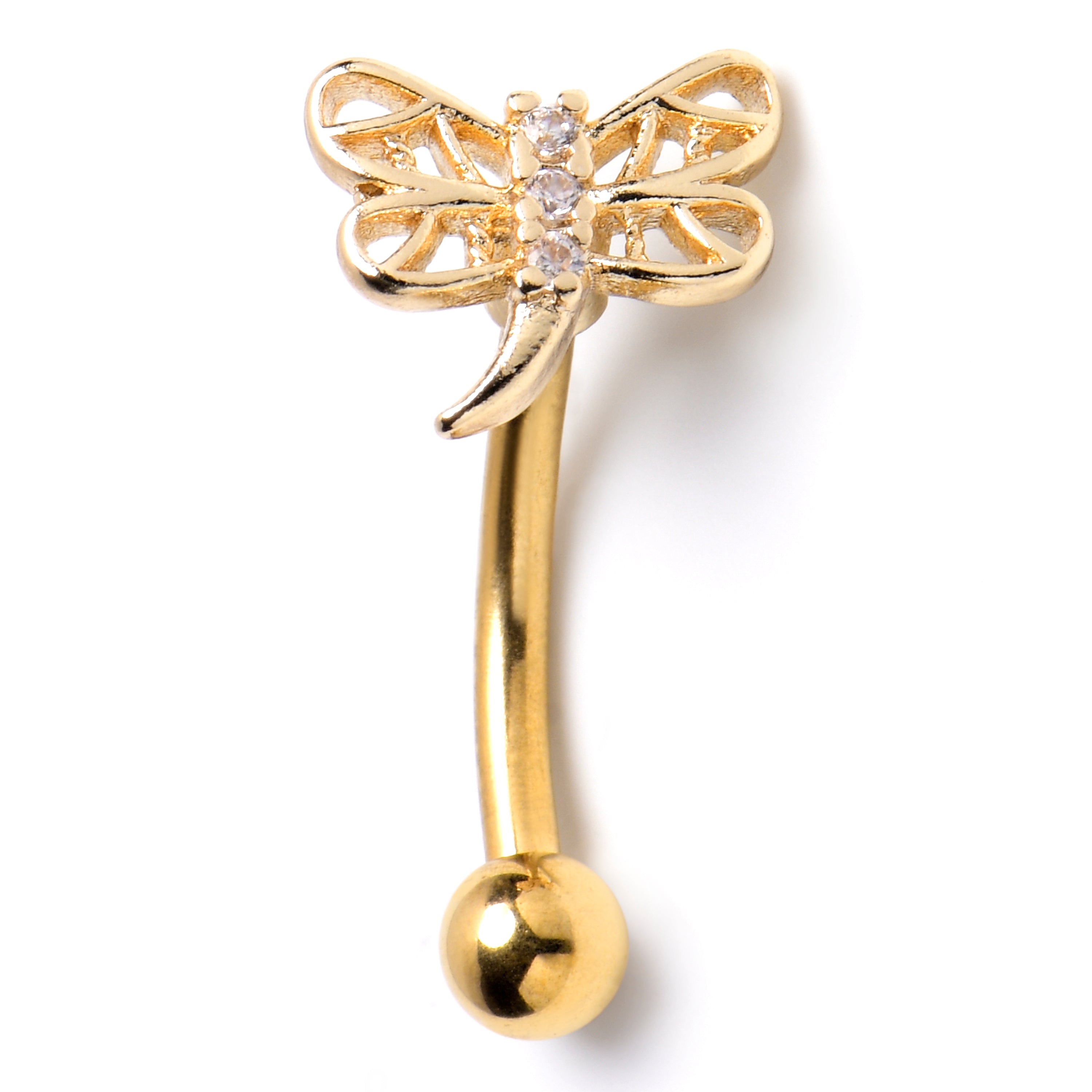 16G 5/16 Clear Gem Gold Tone Filigree Dragonfly Curved Eyebrow Ring