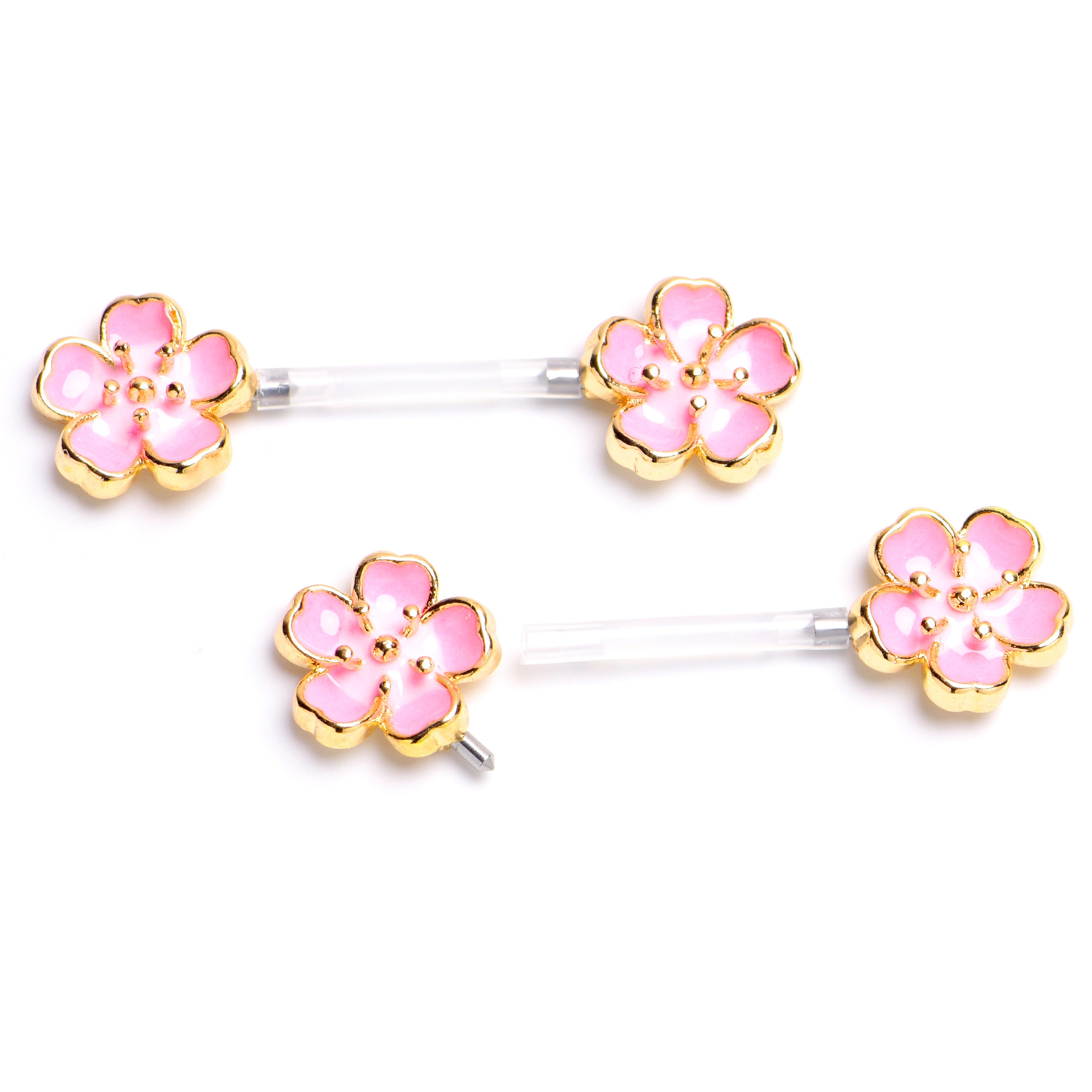 14G 9/16 Flower Pink Blossom PTFE Bioplast Barbell Nipple Ring Set