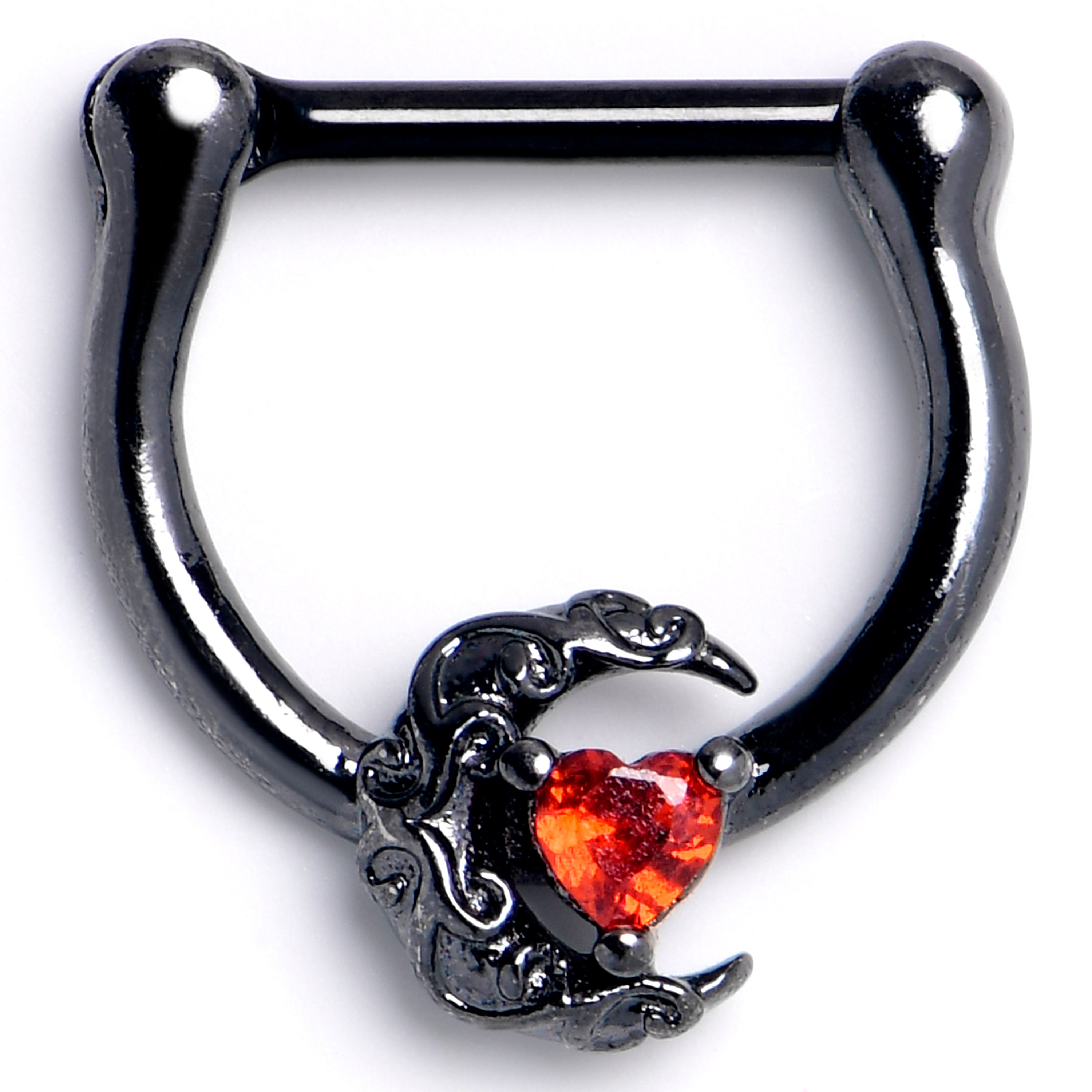 16G 5/16 Red CZ Gem Black Scroll Moon Heart Cartilage Clicker