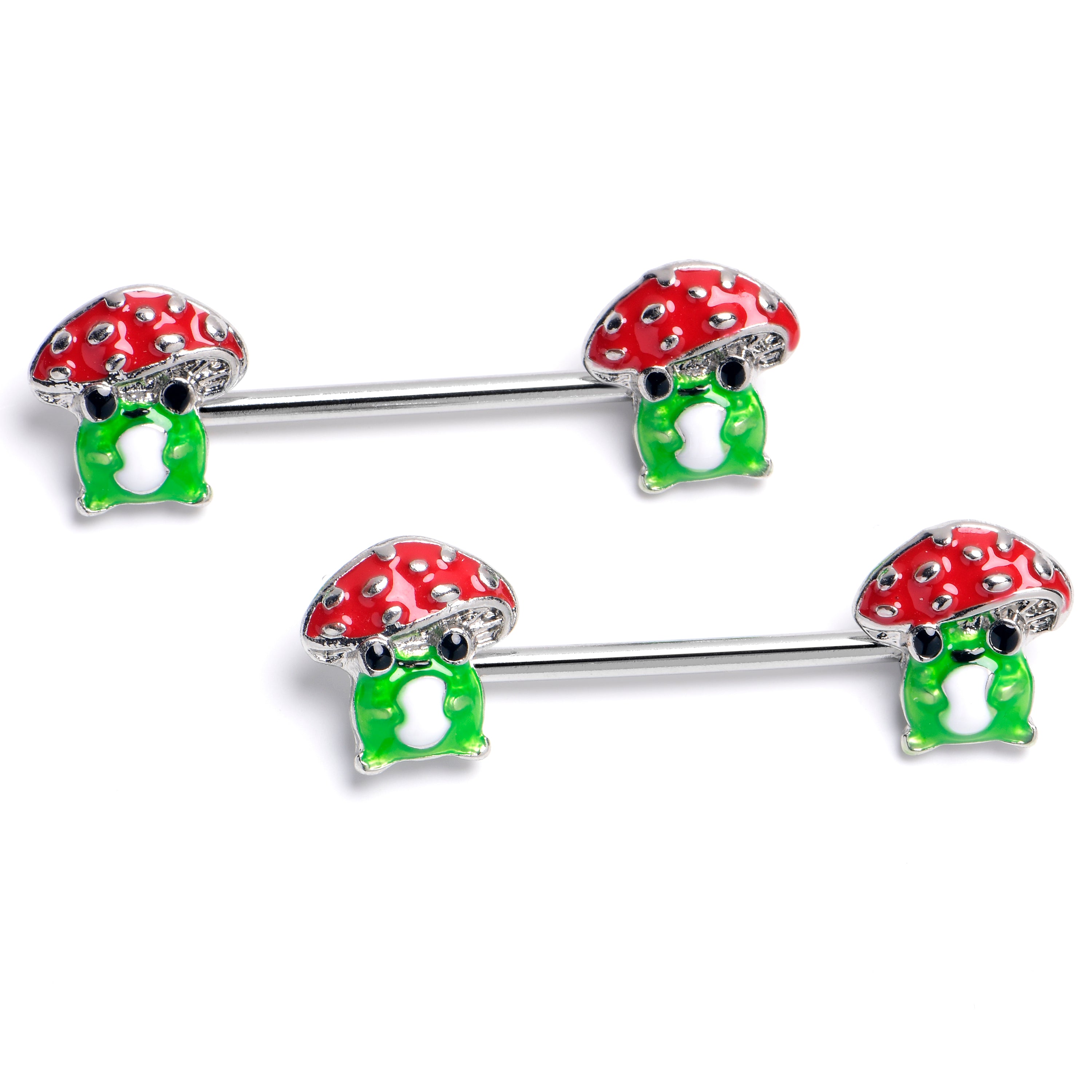 14G 9/16 Happy Mushrooms Green Red Barbell Nipple Ring Set