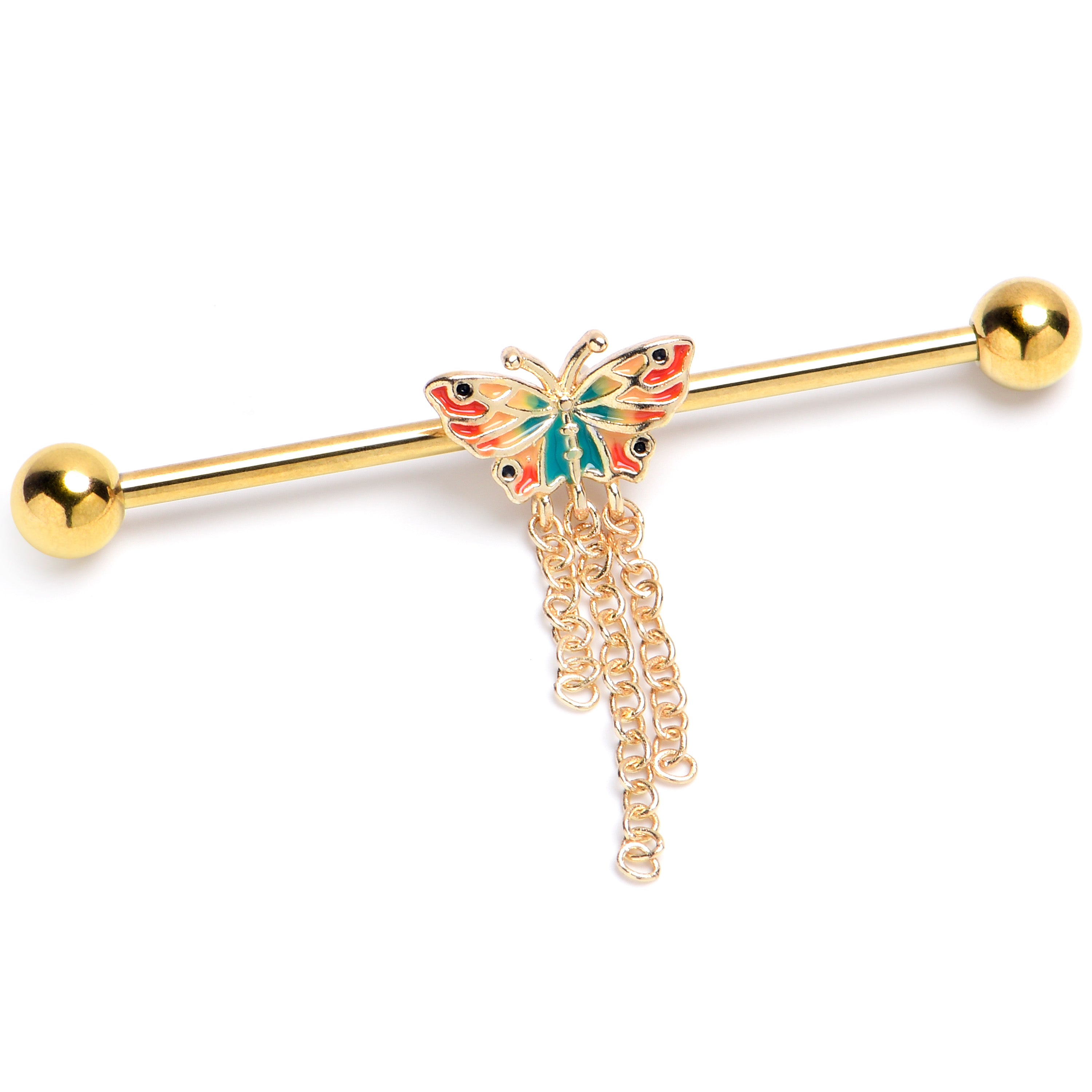 14G Gold Tone Sunrise Butterfly Dangle Industrial Barbell 38mm