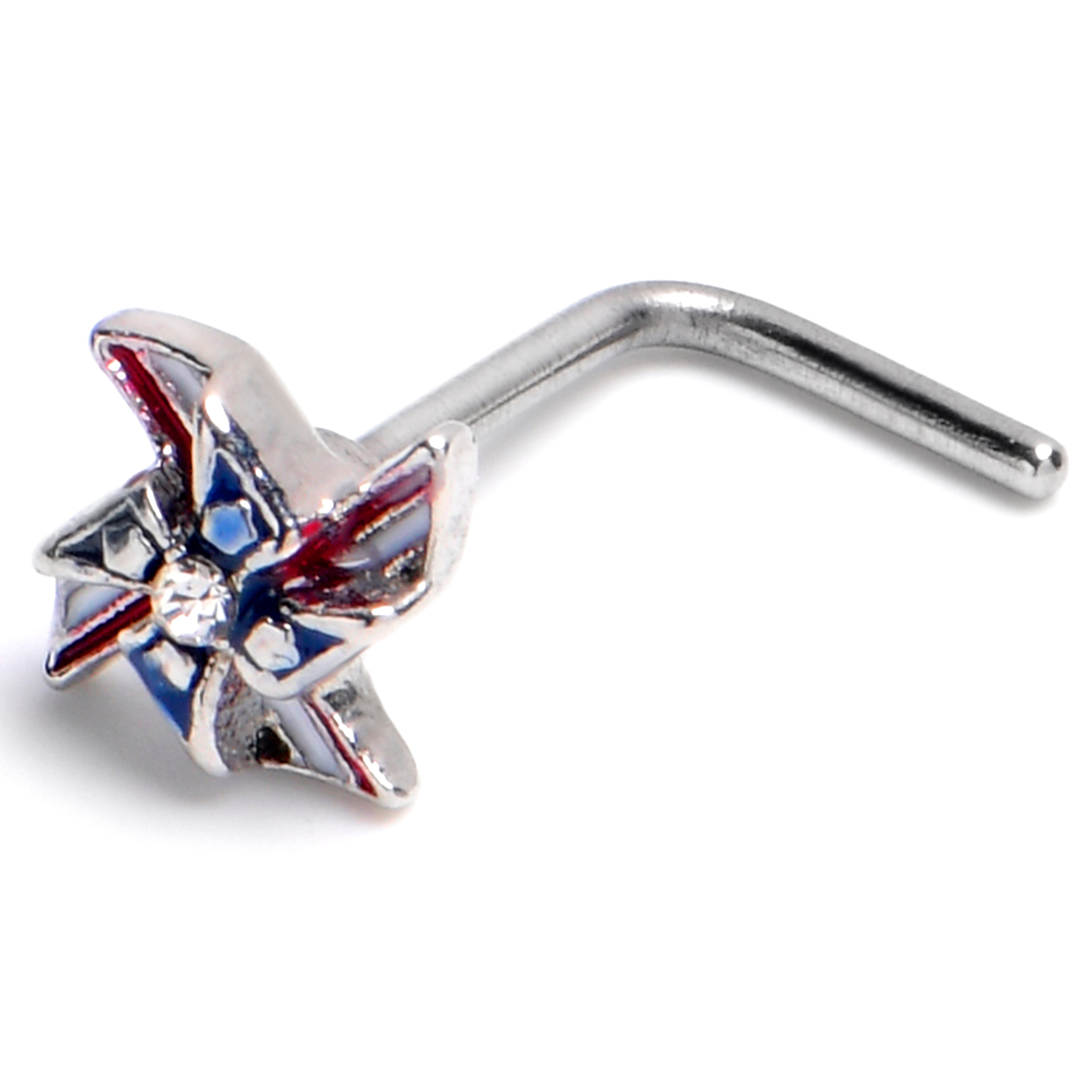 20G 7mm Clear Gem Festive Patriot Pinwheel L Shape Nose Ring