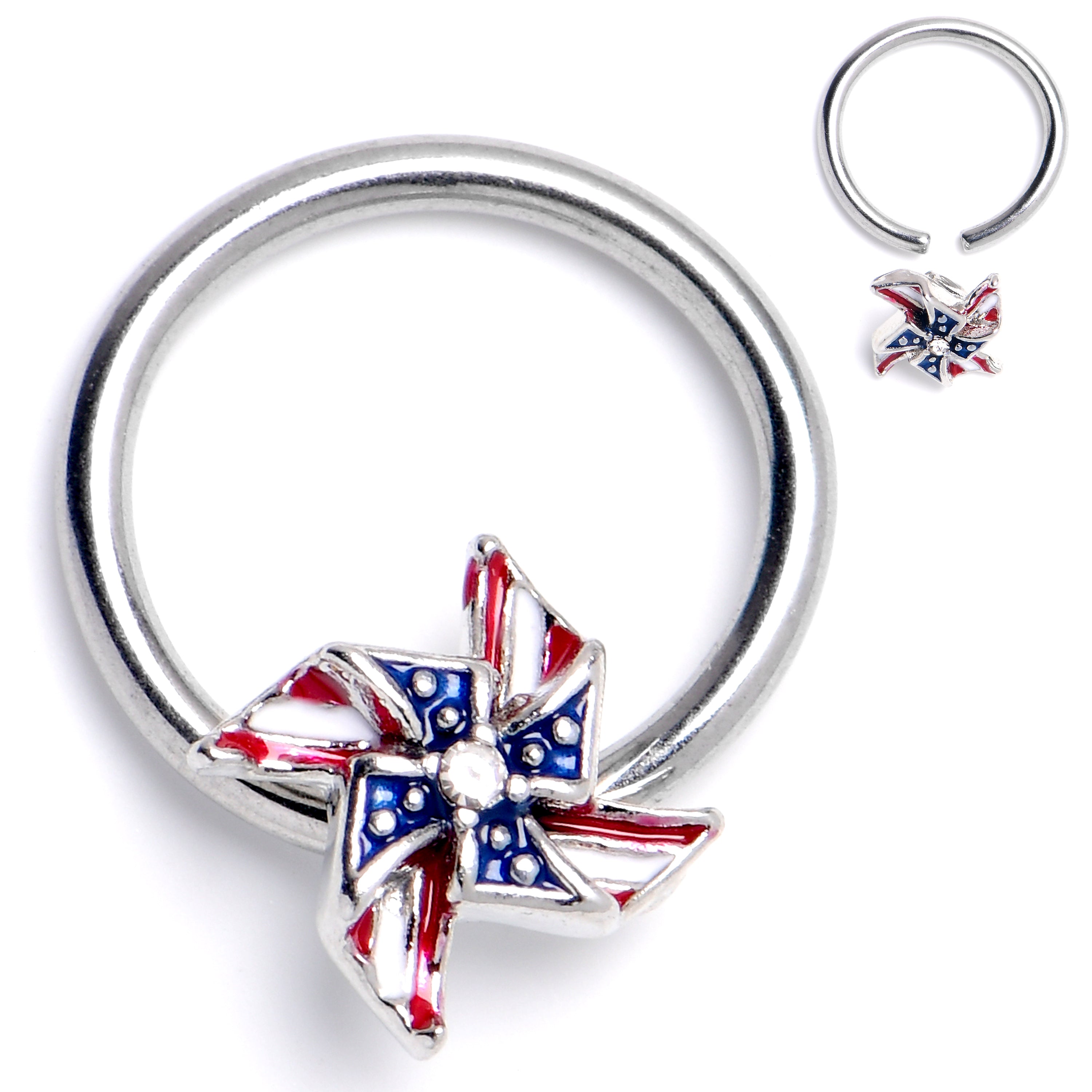 16G 3/8 Clear Gem Festive Patriot Pinwheel BCR Captive Ring