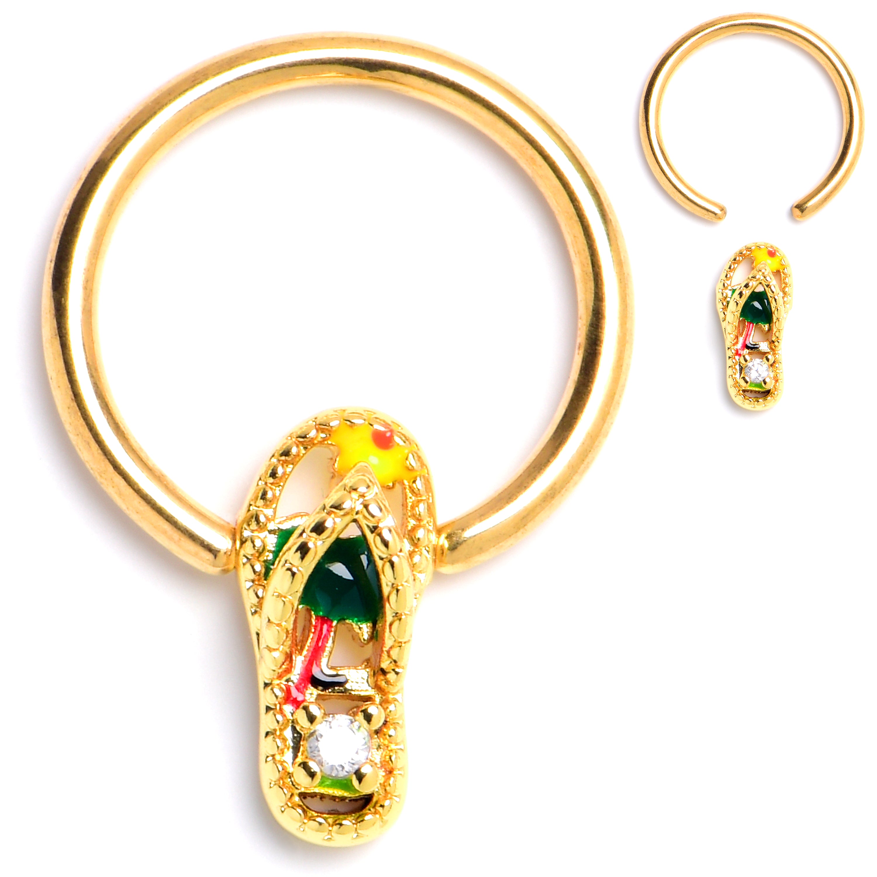 16G 3/8 Clear Gem Gold Tone Beach Sandal BCR Captive Ring