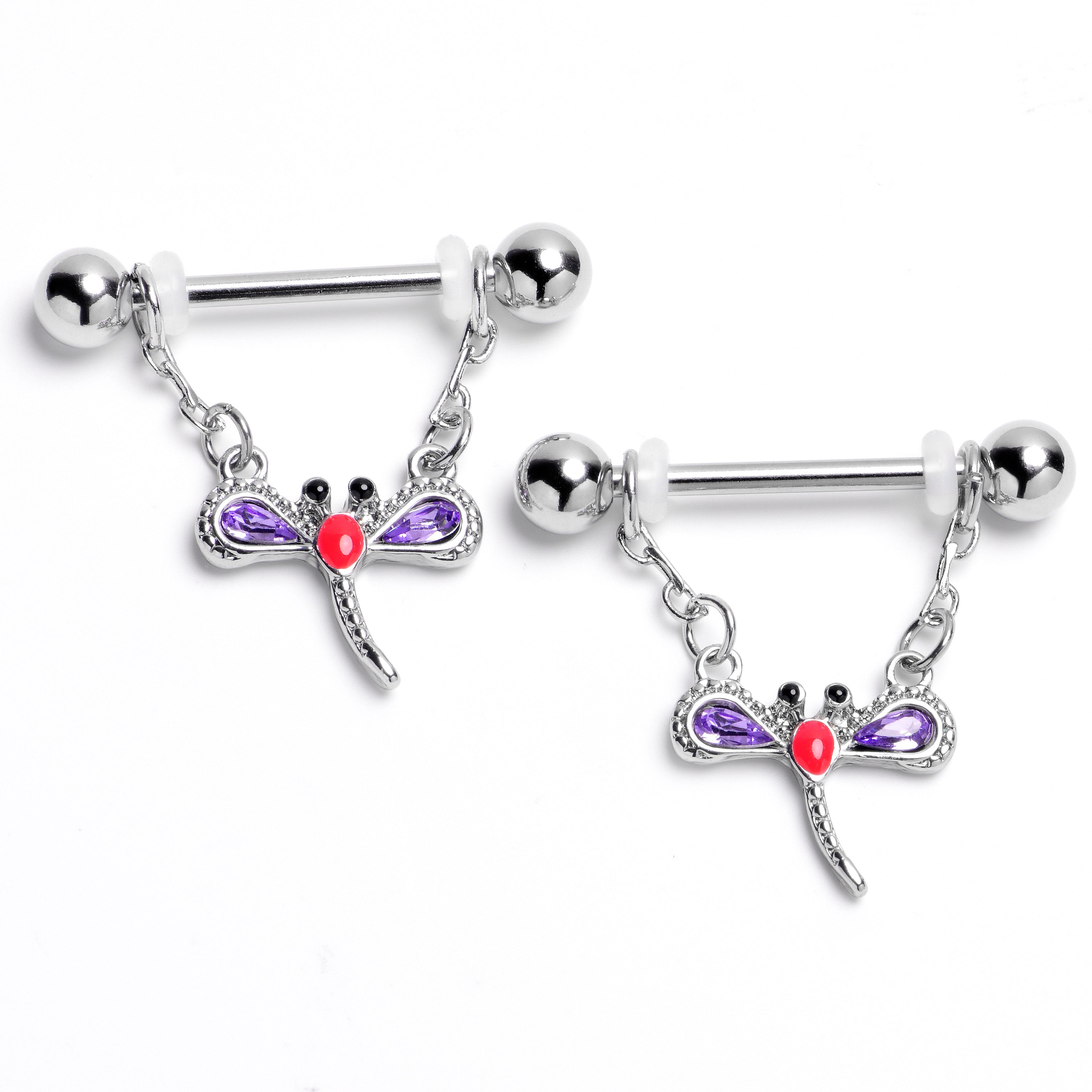14G 9/16 Purple Gem Embellished Dragonfly Dangle Nipple Ring Set