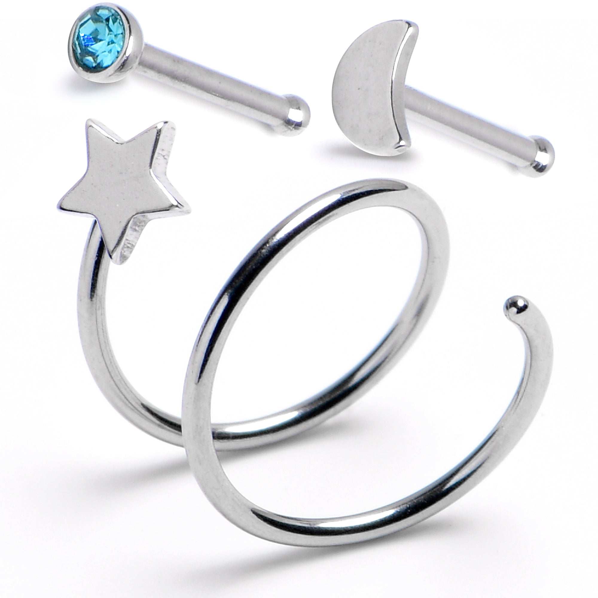 20G Aqua Gem Crescent Moon Nose Bone Star Twister Double Nose Hoop Ring 3 Pack