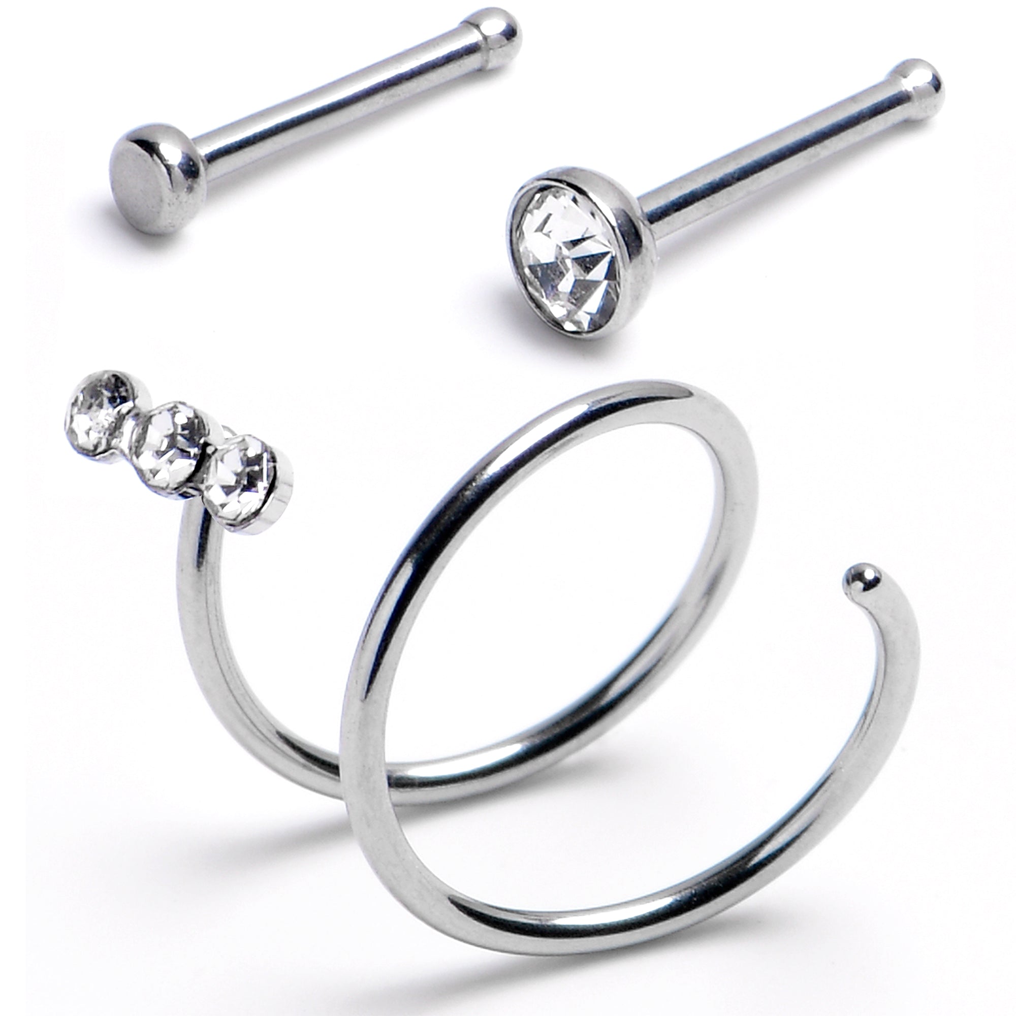 20G Nose Bone Triple Gem Twister Double Nose Hoop Ring Pack