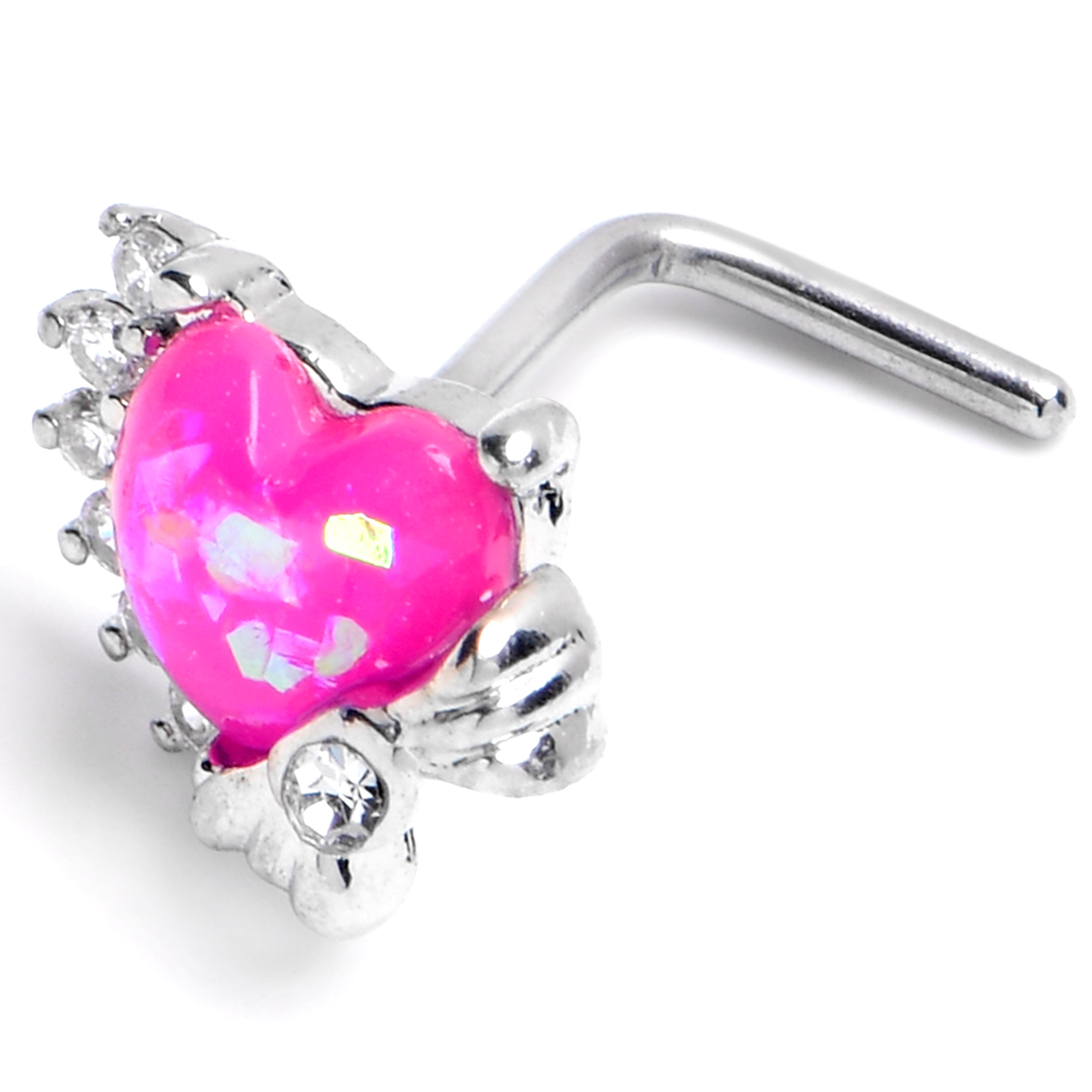 20G 7mm Pink Faux Opal Sunny Heart L Shape Nose Ring