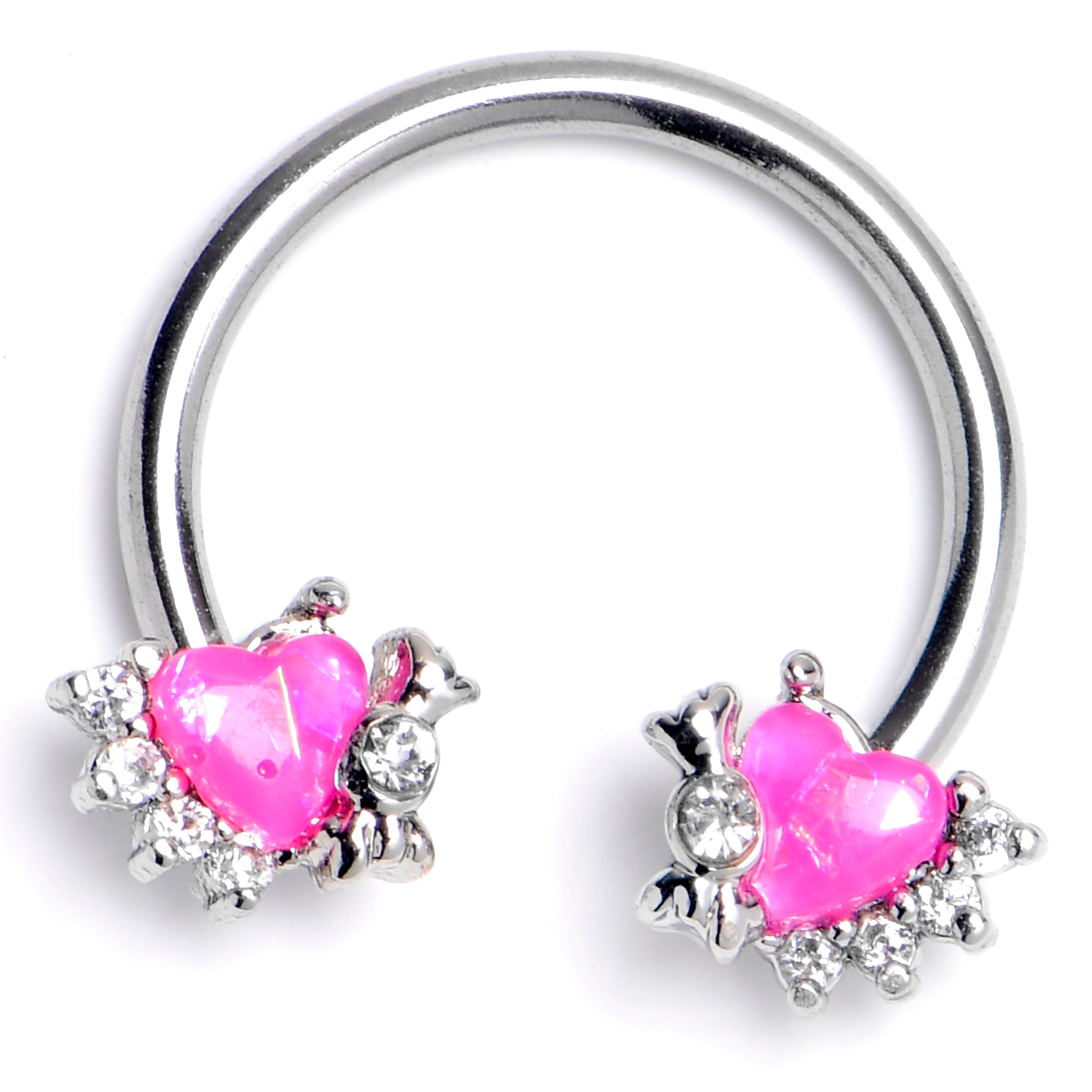 16G 3/8 Pink Faux Opal Sunny Heart Horseshoe Circular Barbell