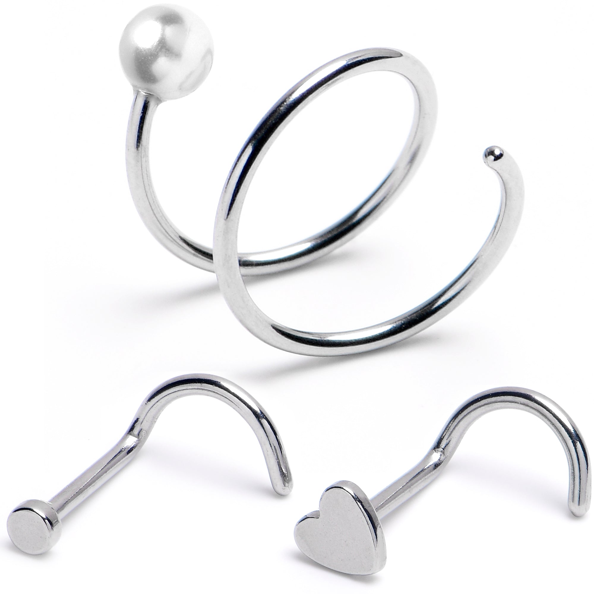 20G Heart Disc Spiral Left Side Screw Nose Ring Set of 3