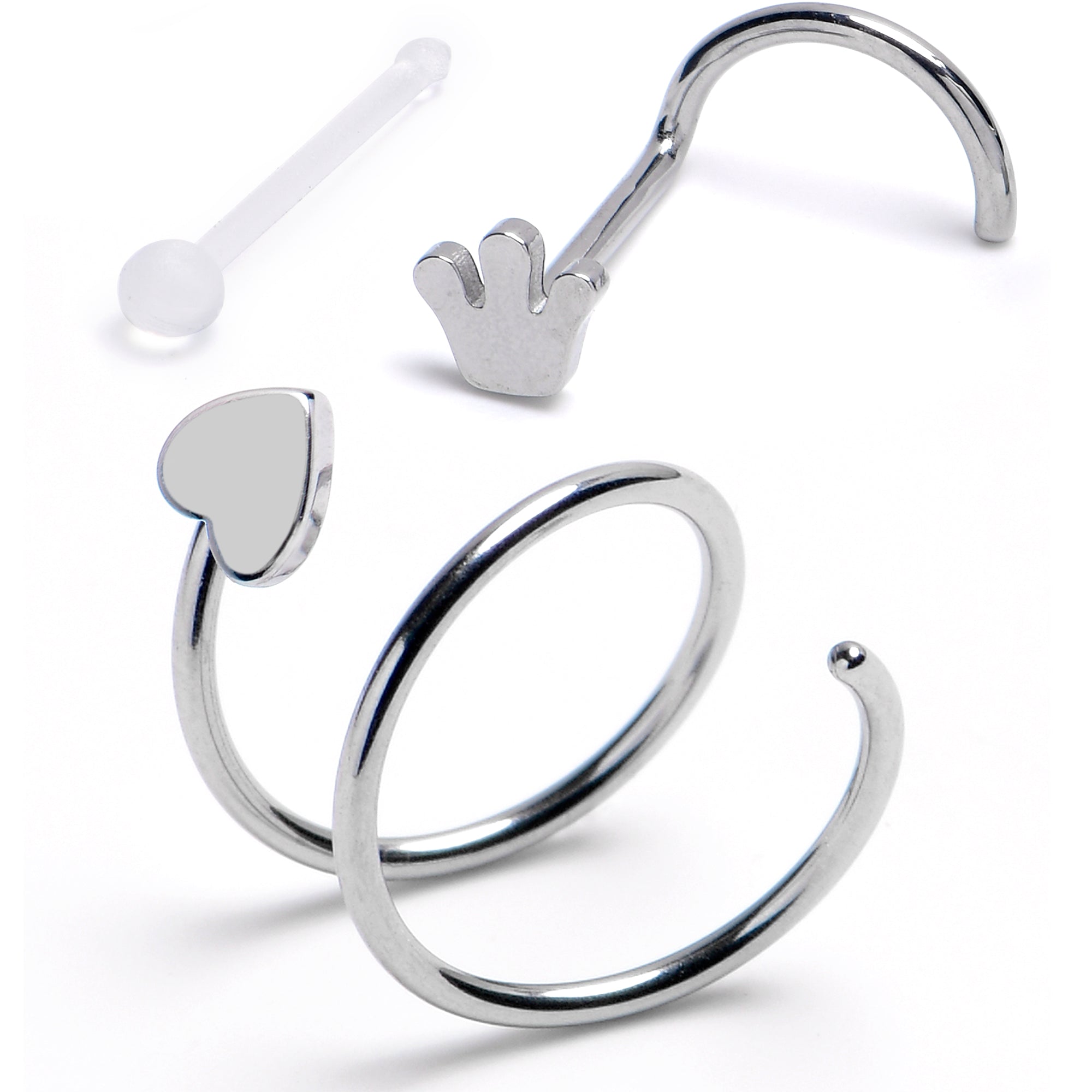 20G Spiral Heart Crown Acrylic Nose Ring Set of 3
