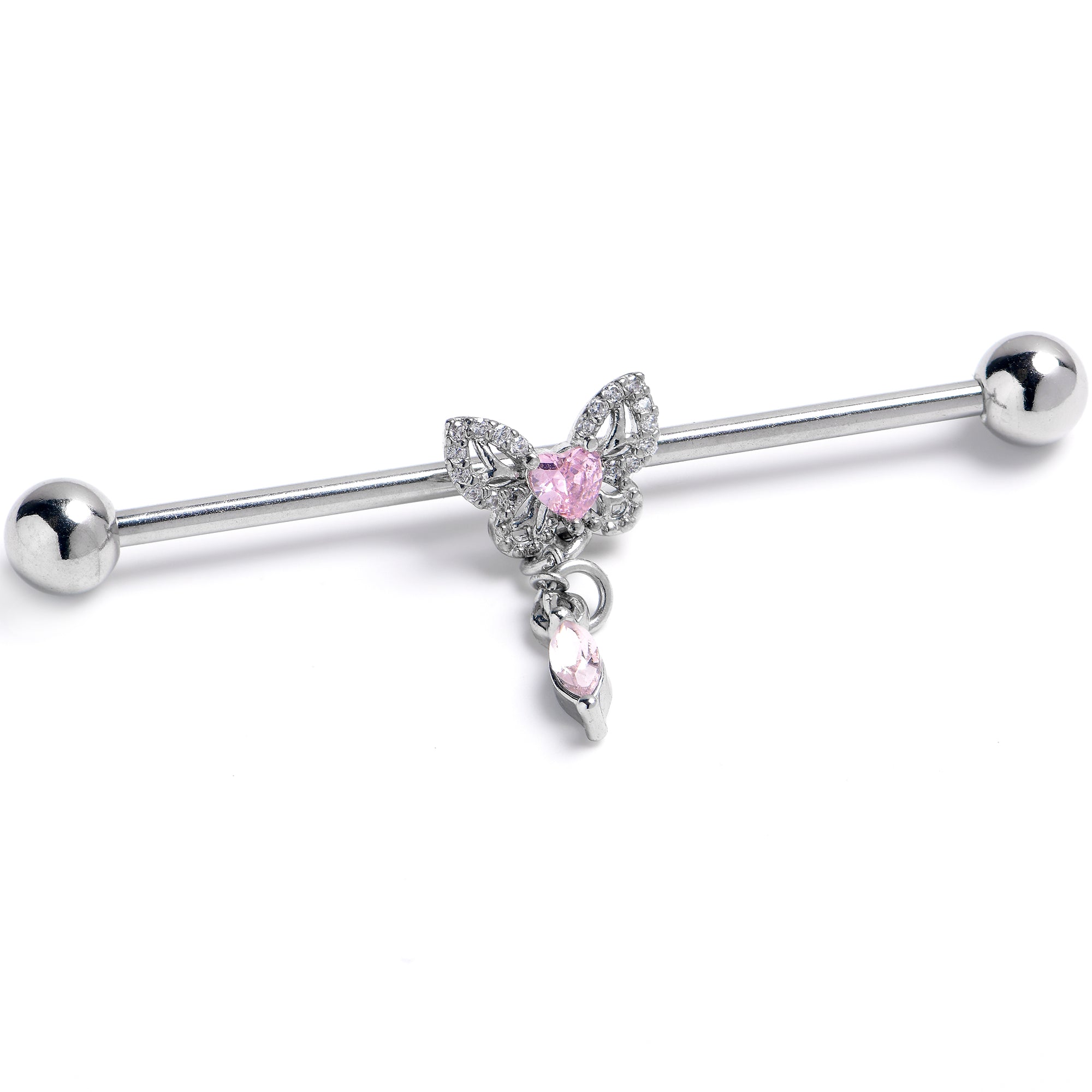 14G Clear Pink Gem Whimsical Butterfly Industrial Barbell 38mm