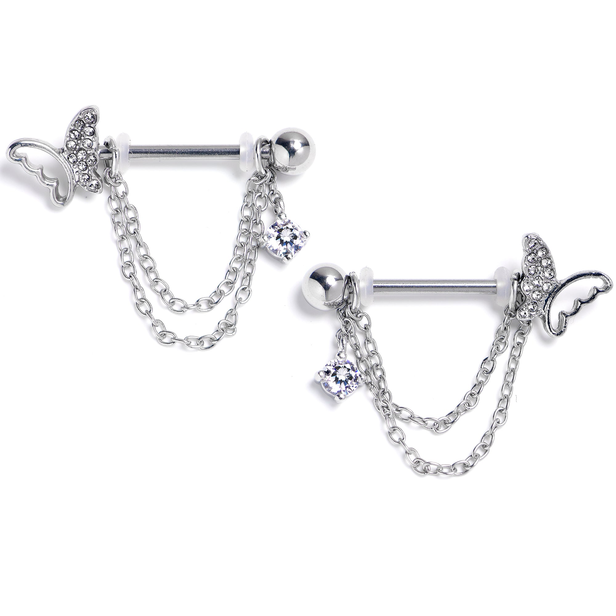 14G 9/16 Clear Gem Butterfly White Chain Dangle Nipple Ring Set