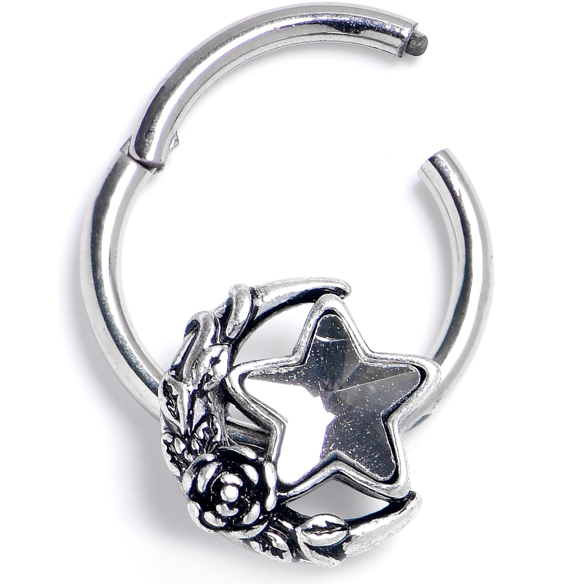 16G 3/8 Clear Gem Ornate Moon Star Hinged Segment Ring