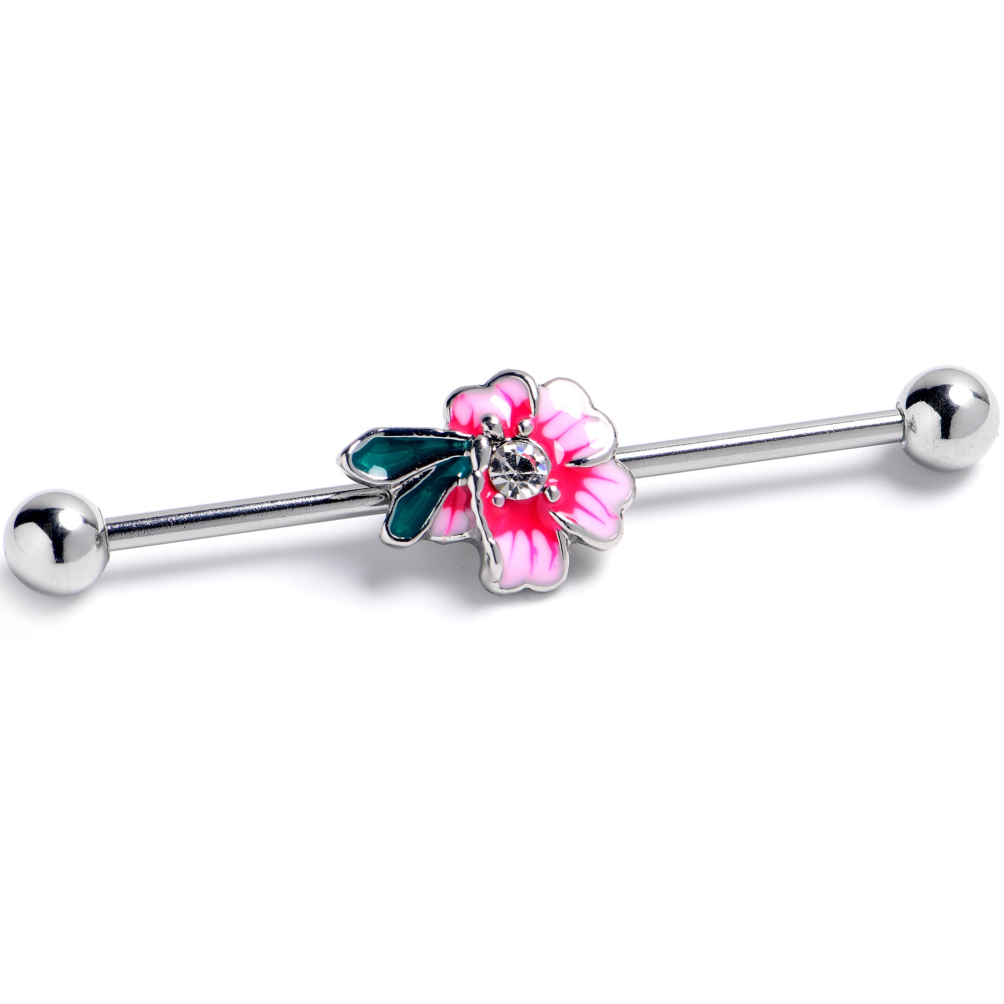 14G Clear Gem Faerie Flower Pink Industrial Barbell 38mm