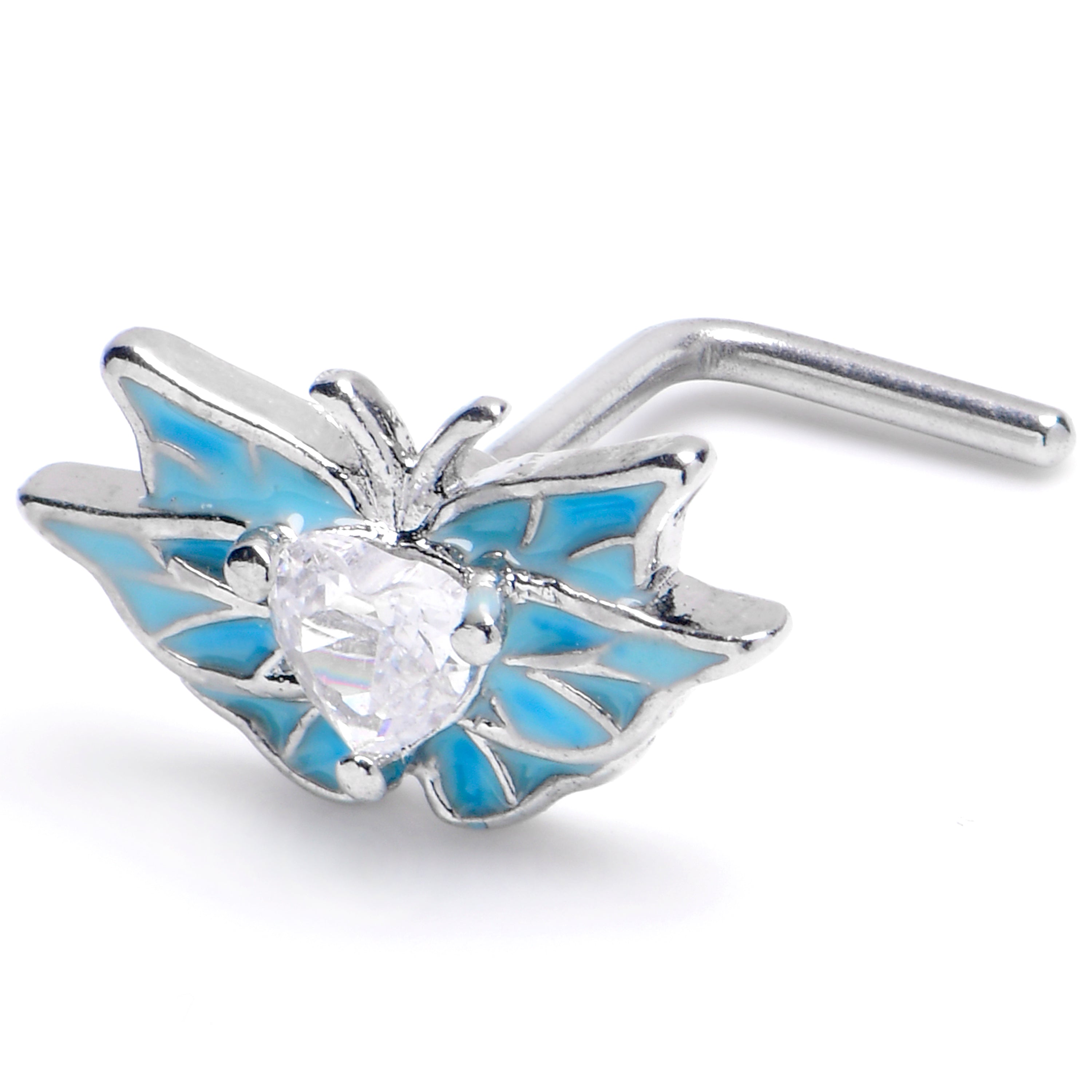 20G 7mm Clear Gem Heart Butterfly Blue Wings L Shape Nose Ring
