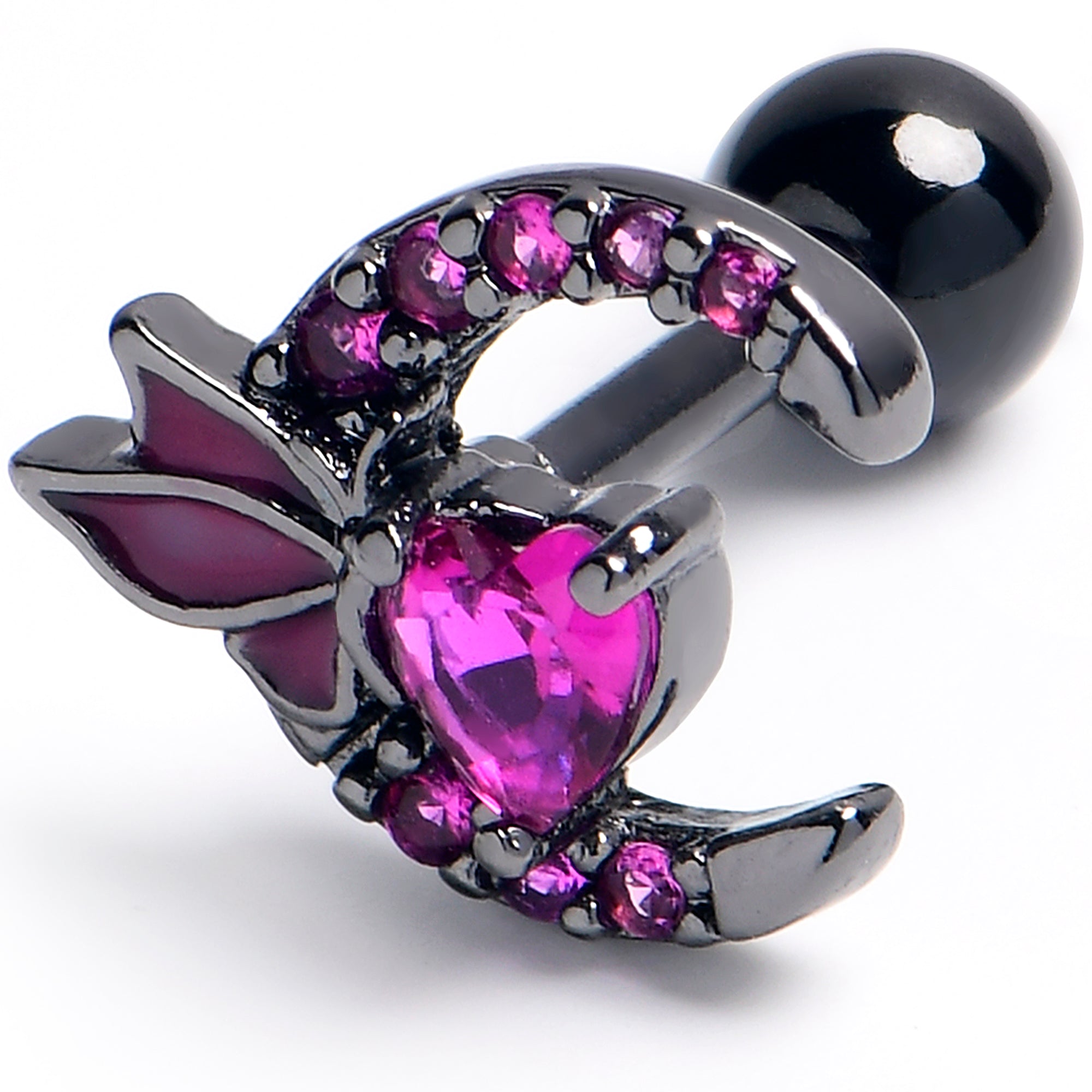 16G 1/4 Pink Gem Black Butterfly Moon Heart Cartilage Earring