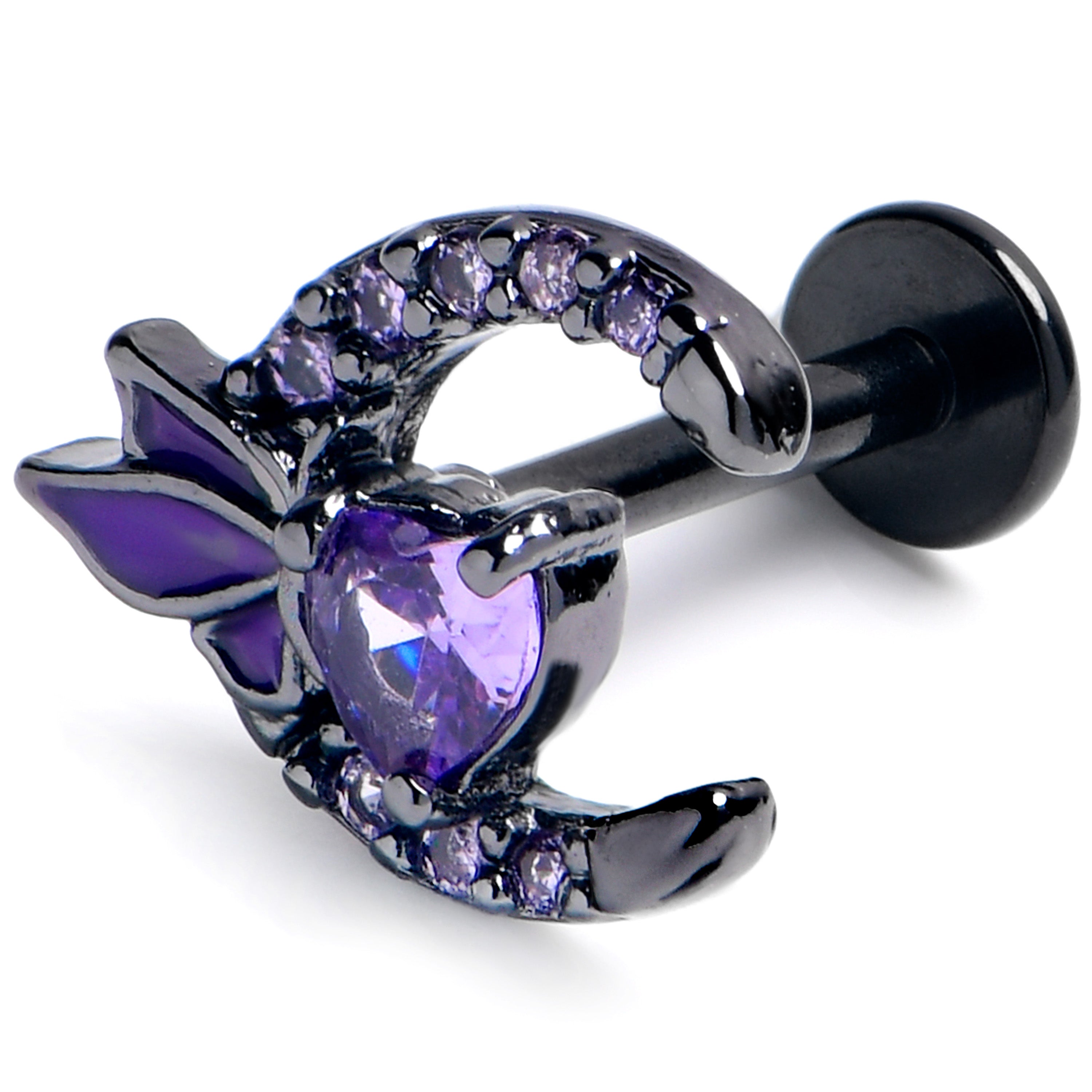 16G 5/16 Purple Gem Black Butterfly Heart Moon Labret Monroe Tragus