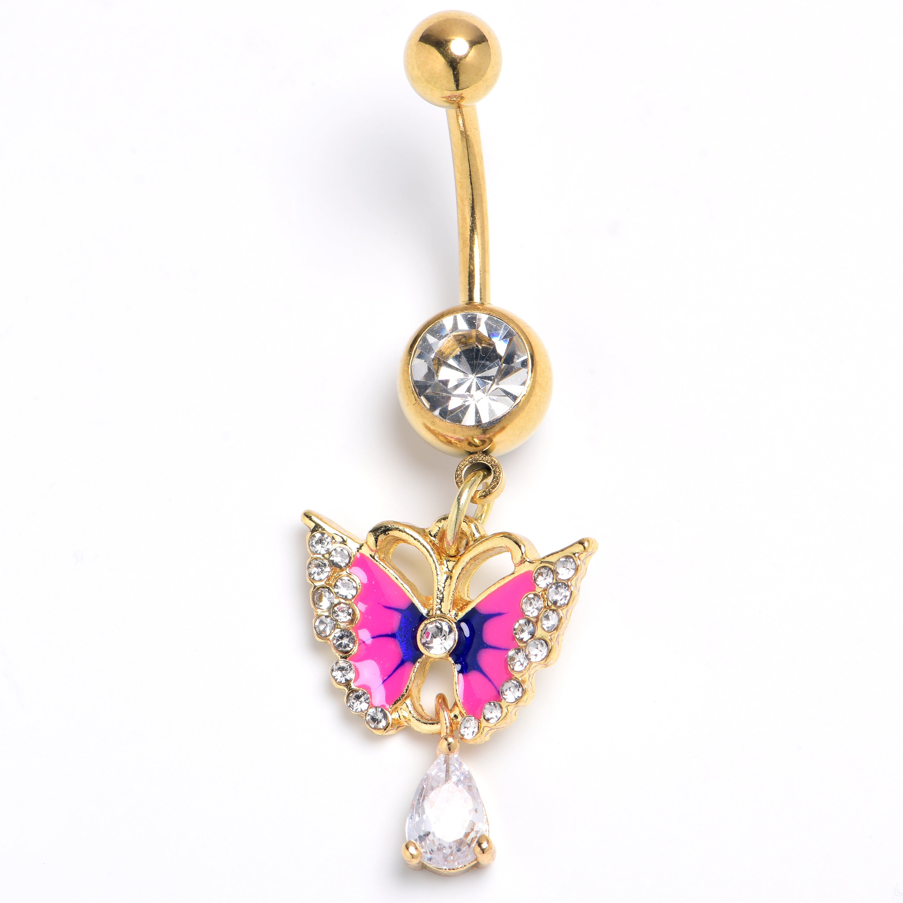 Clear Gem Gold Tone Butterfly Blue Pink Drop Dangle Belly Ring