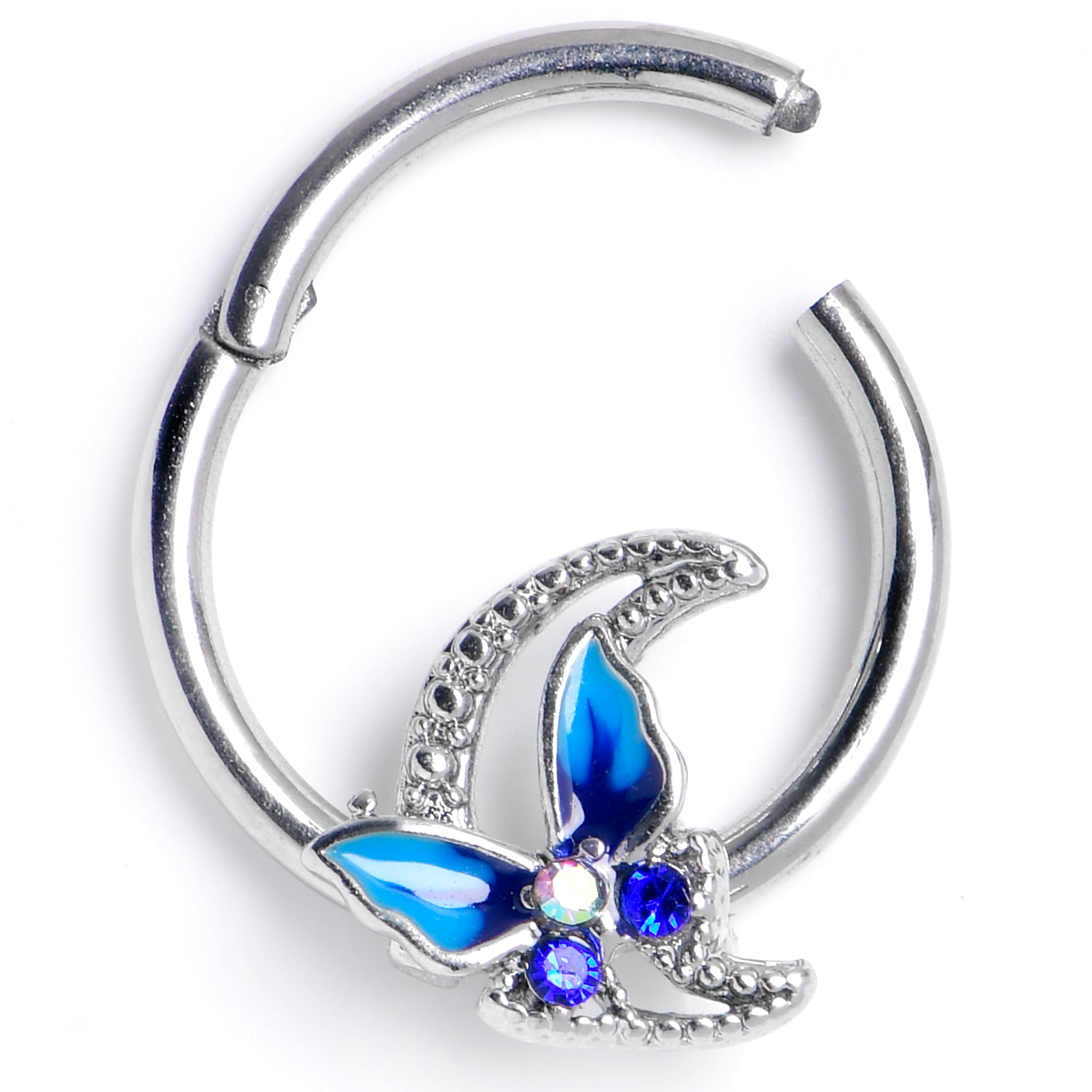 16G 3/8 Blue Gem Butterfly Blue Beauty Hinged Segment Ring