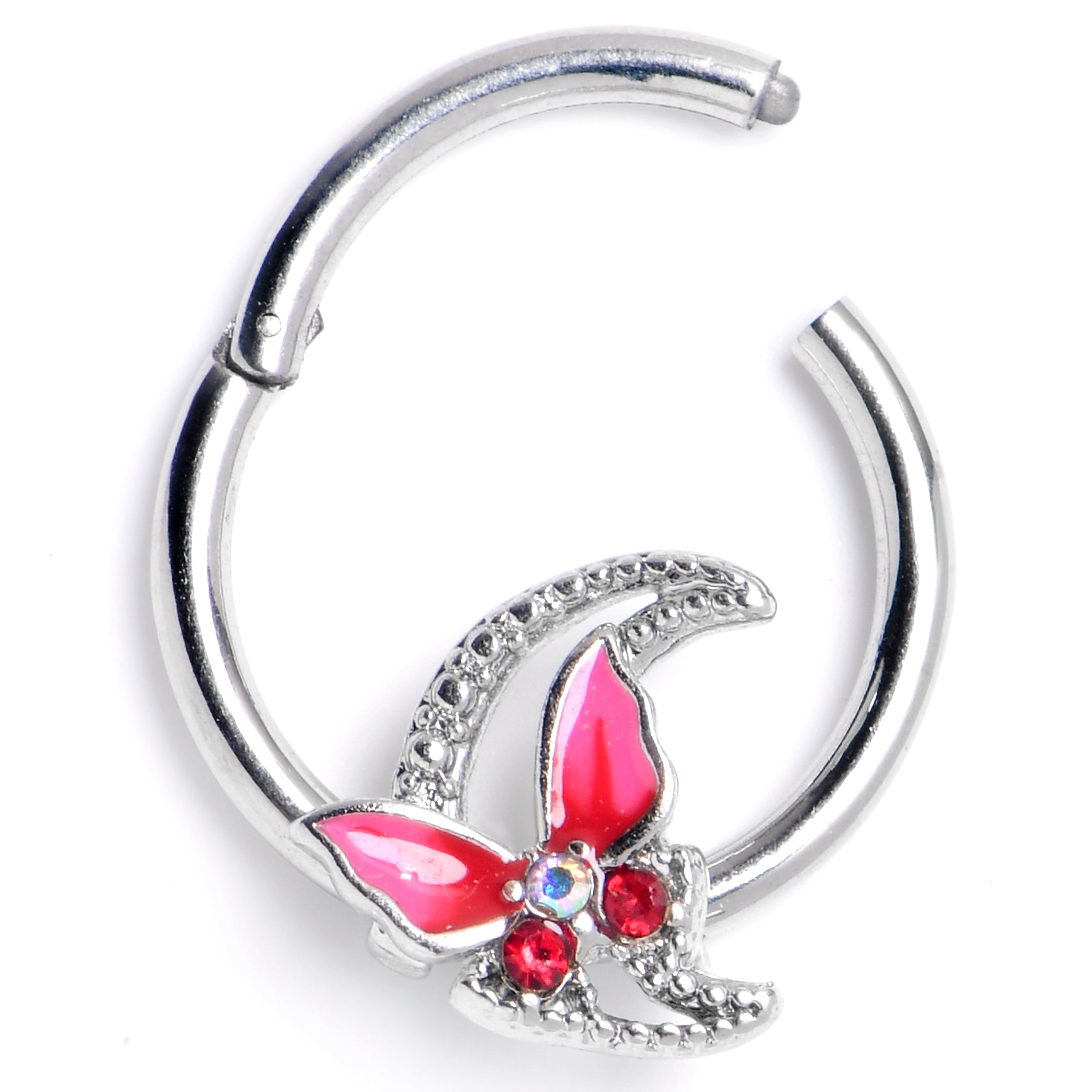 16G 3/8 Pink Gem Butterfly Pink Beauty Hinged Segment Ring