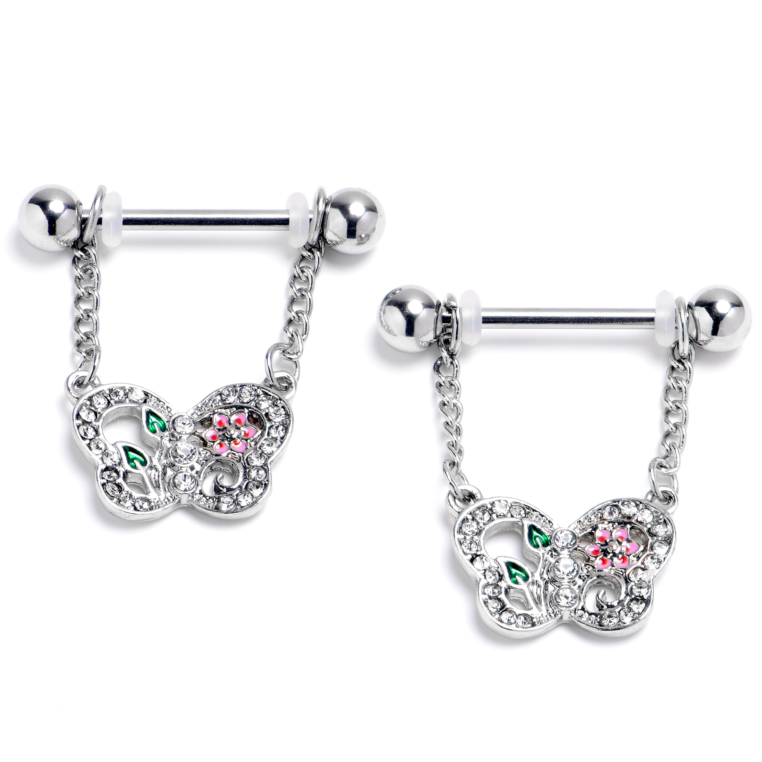 14G 9/16 Clear Gem Floral Butterfly Style Dangle Nipple Ring Set