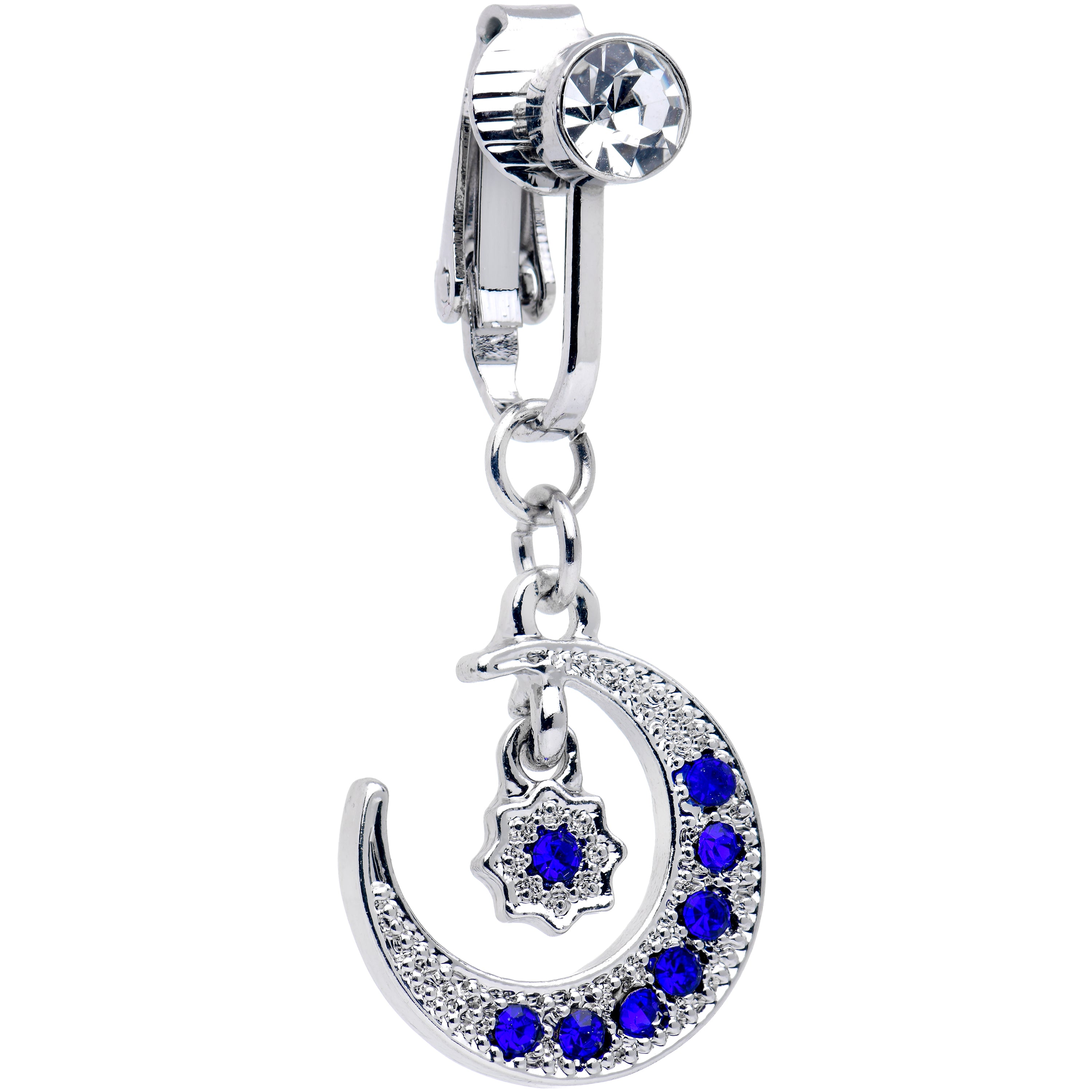 Blue CZ Gem Moon And Star Dangle Clip on Fake Belly Ring