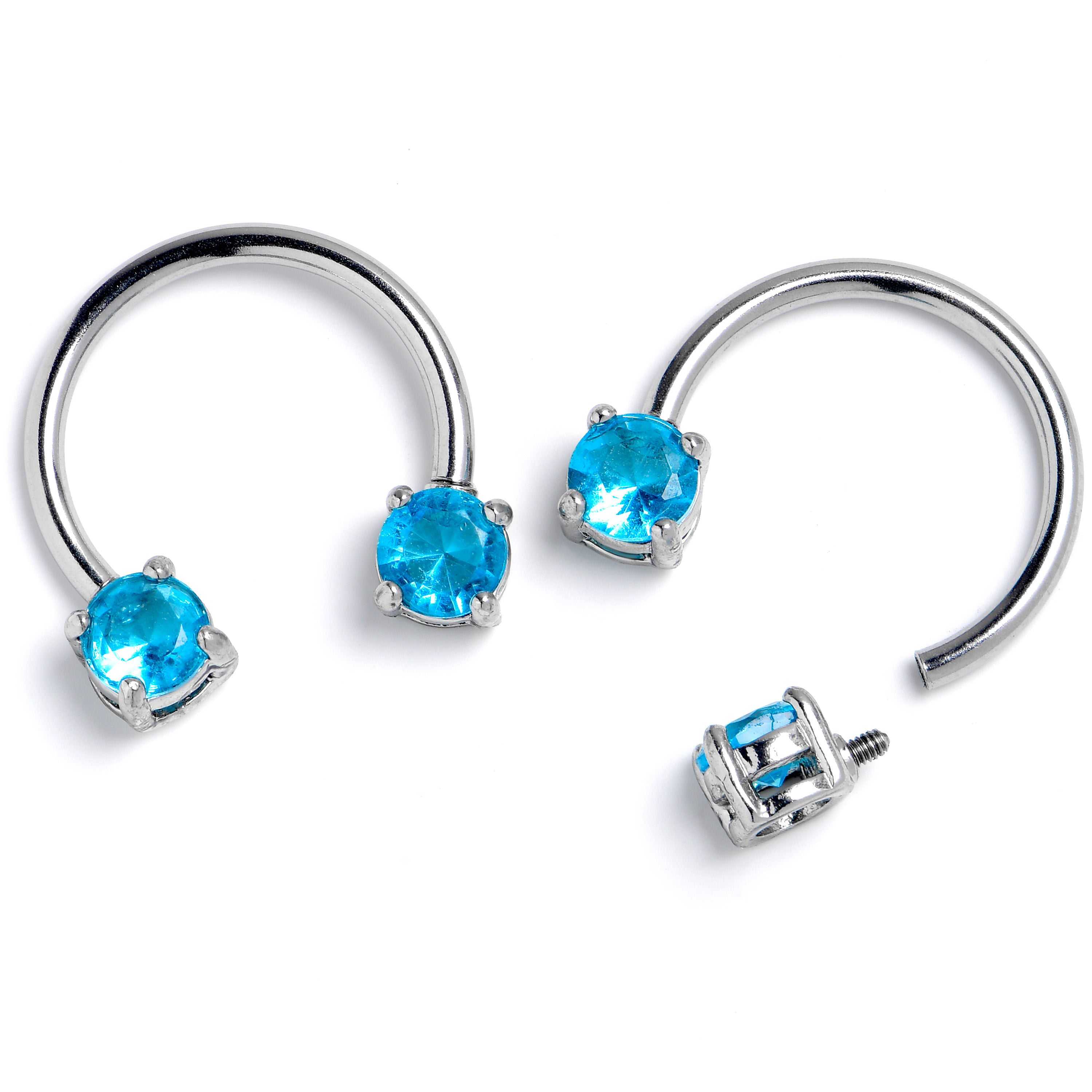 14G 9/16 Blue CZ Gem Round Internally Threaded Horseshoe Nipple Ring Set