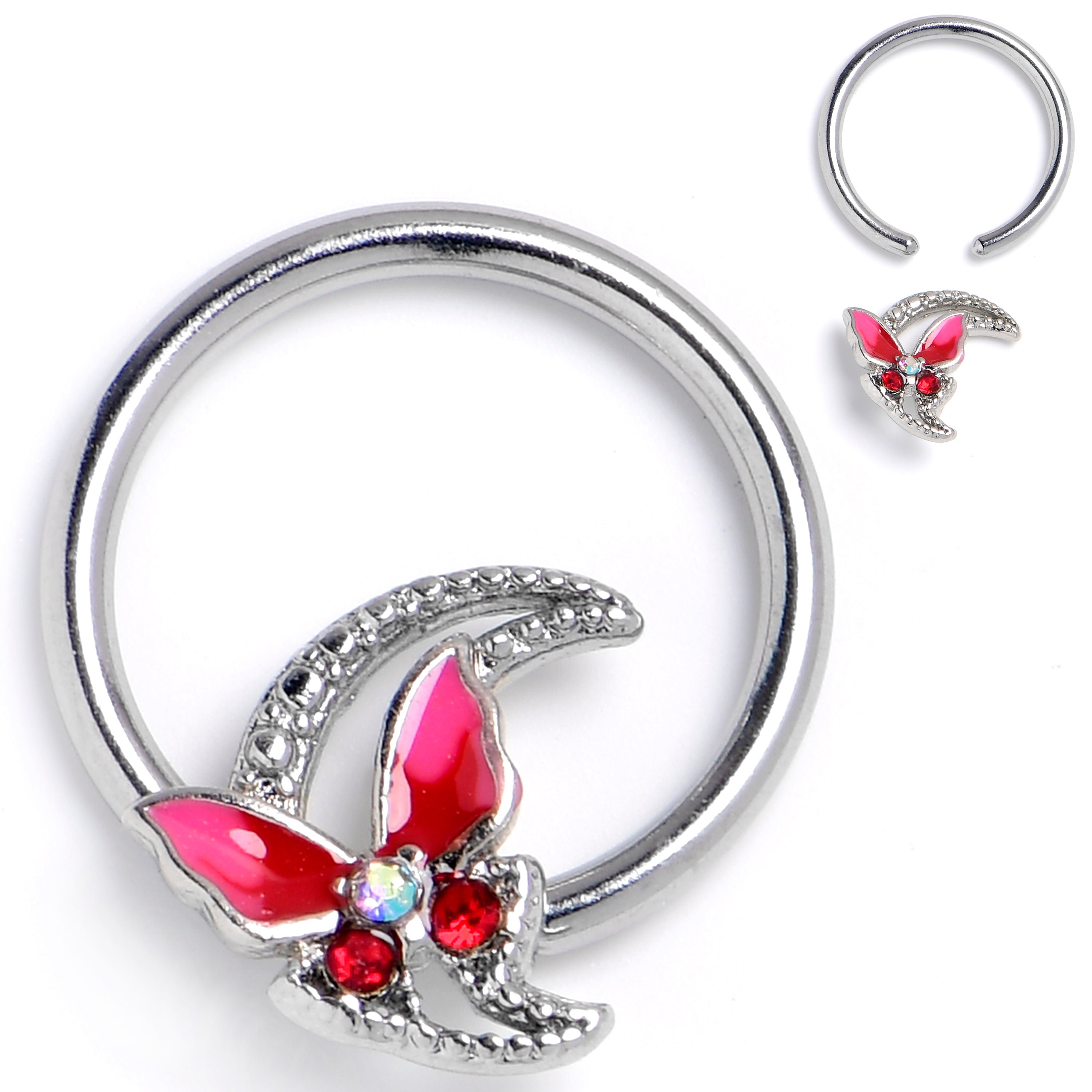 16G 3/8 Aurora Gem Butterfly Pink Beauty BCR Captive Ring