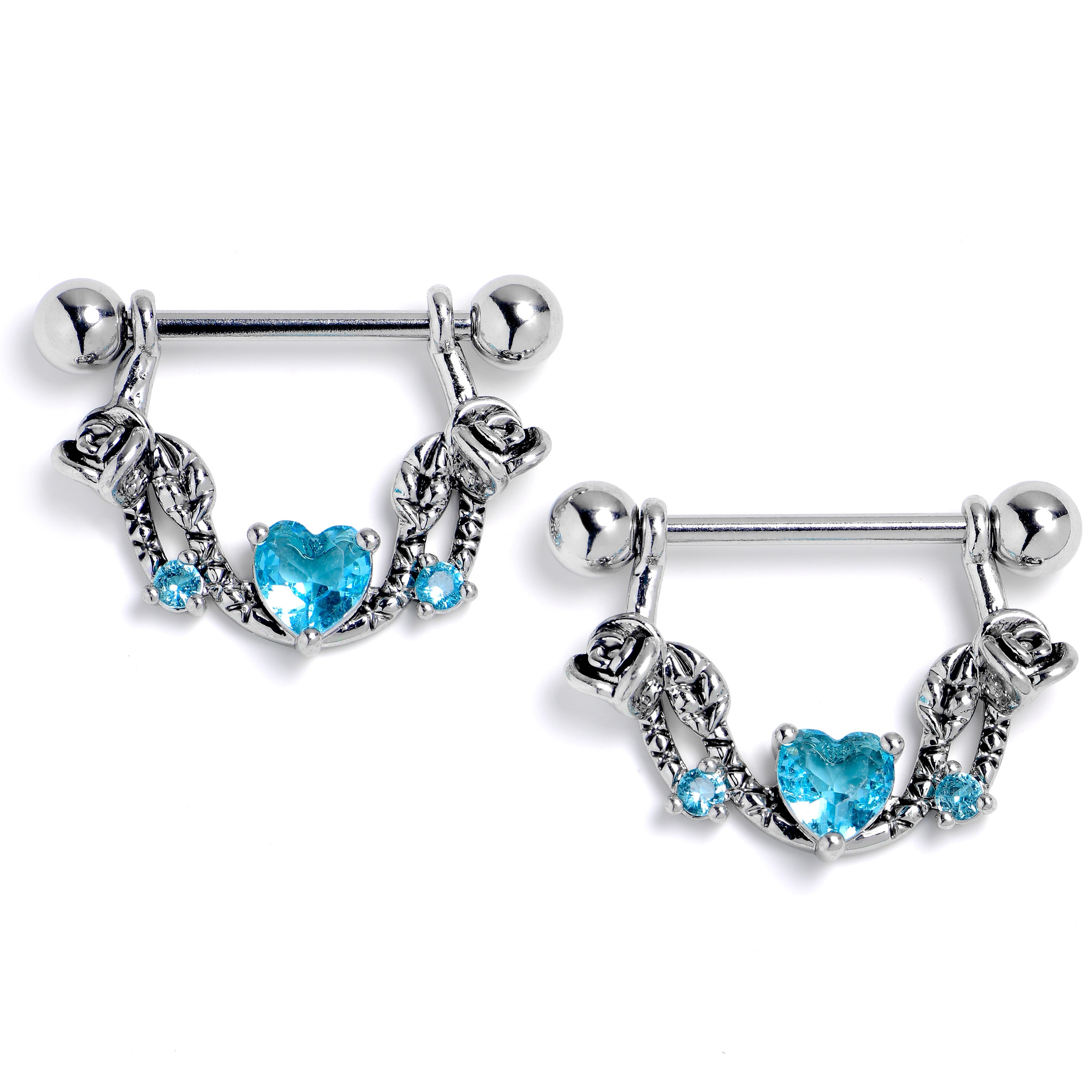 14G 9/16 Blue CZ Gem Heart Ribbon Dangle Nipple Ring Set