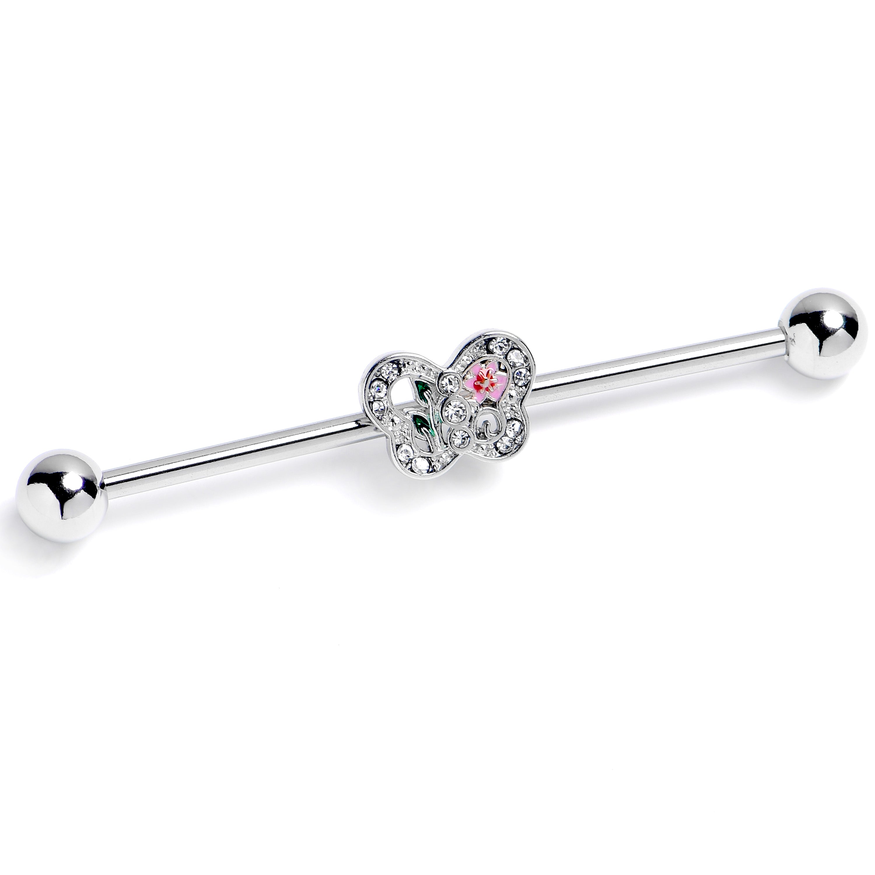 14G Clear Pink Gem Floral Butterfly Industrial Barbell 38mm