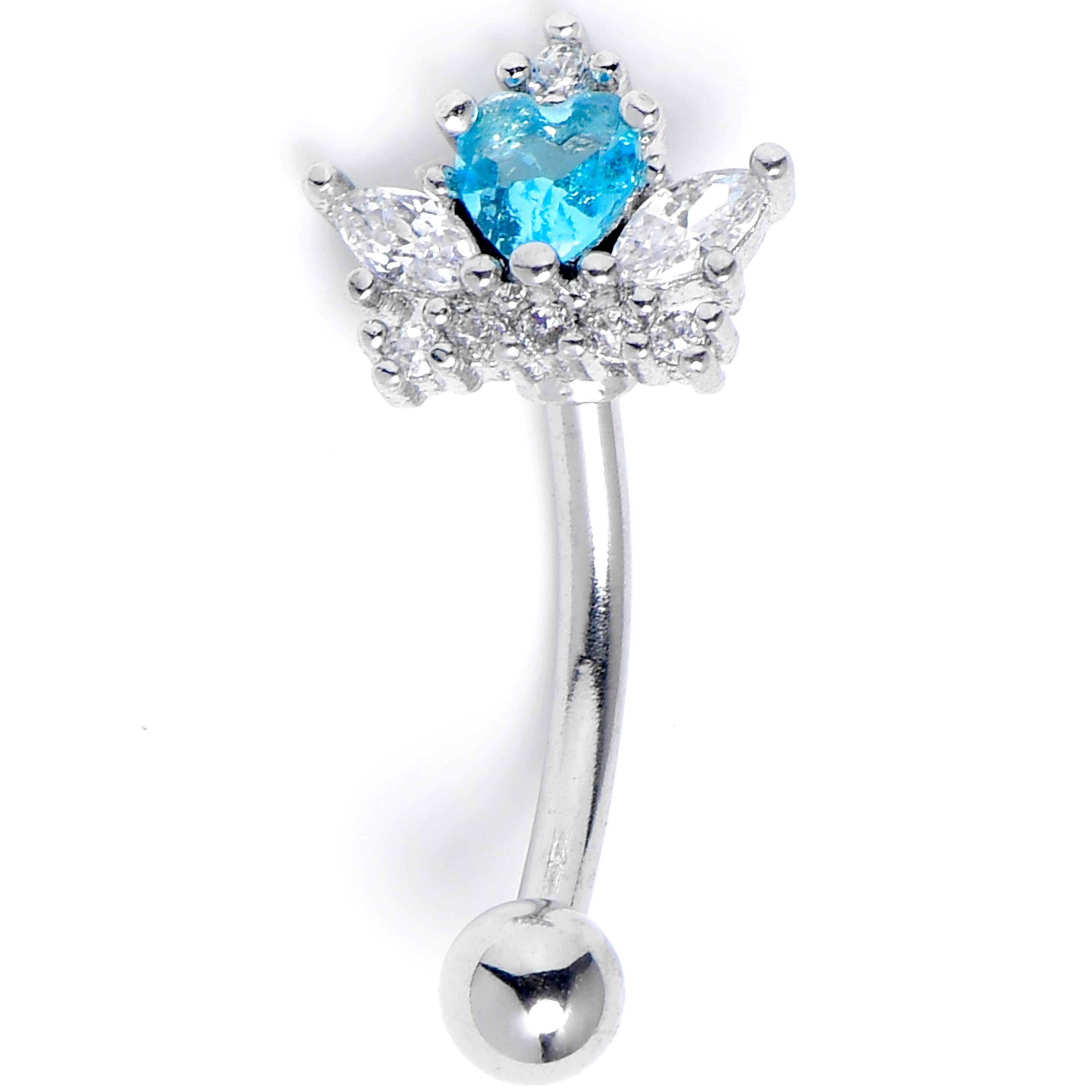 16G 5/16 Clear Blue Gem Crown Heart Curved Eyebrow Ring