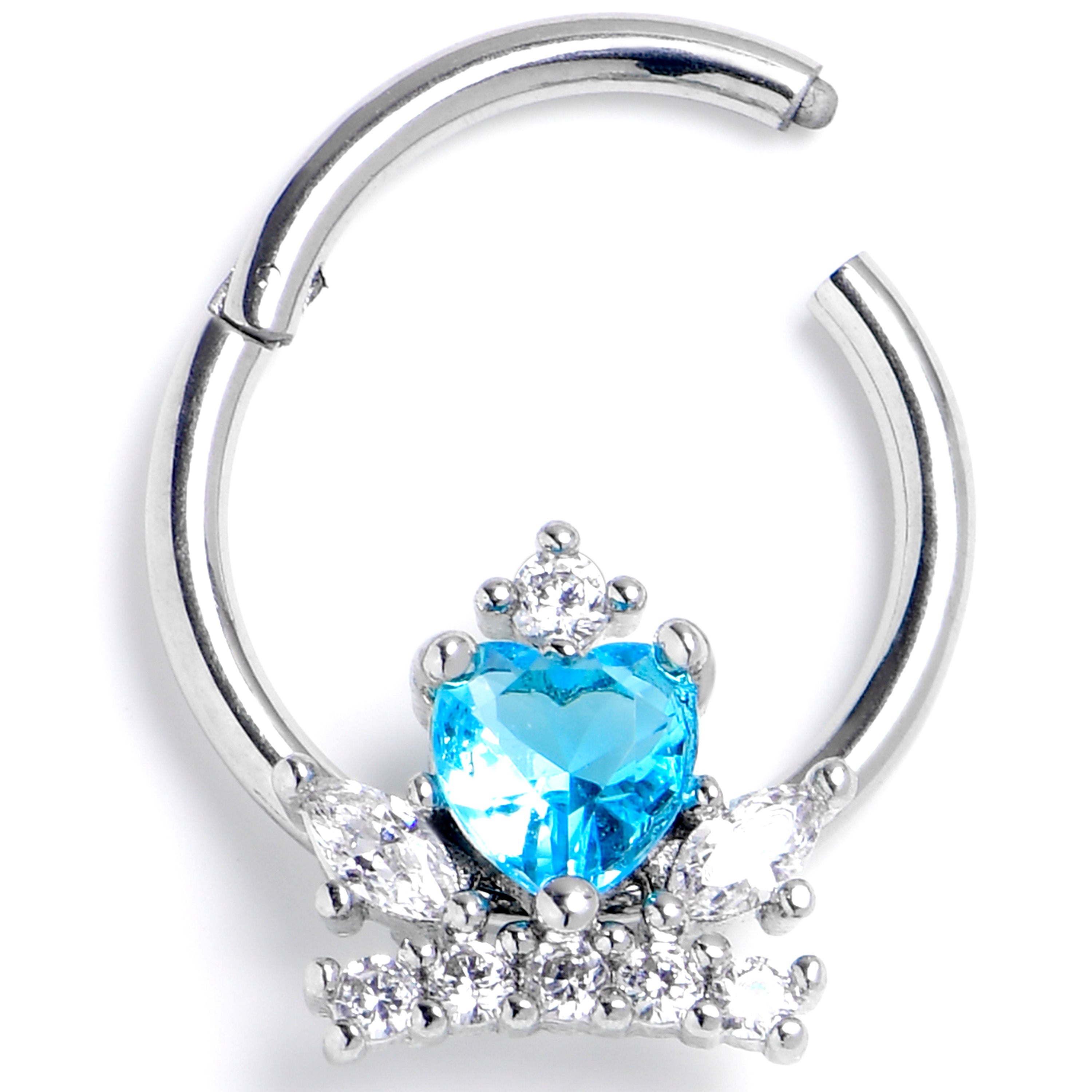 16G 3/8 Blue Clear Gem Heart Crown Hinged Segment Ring